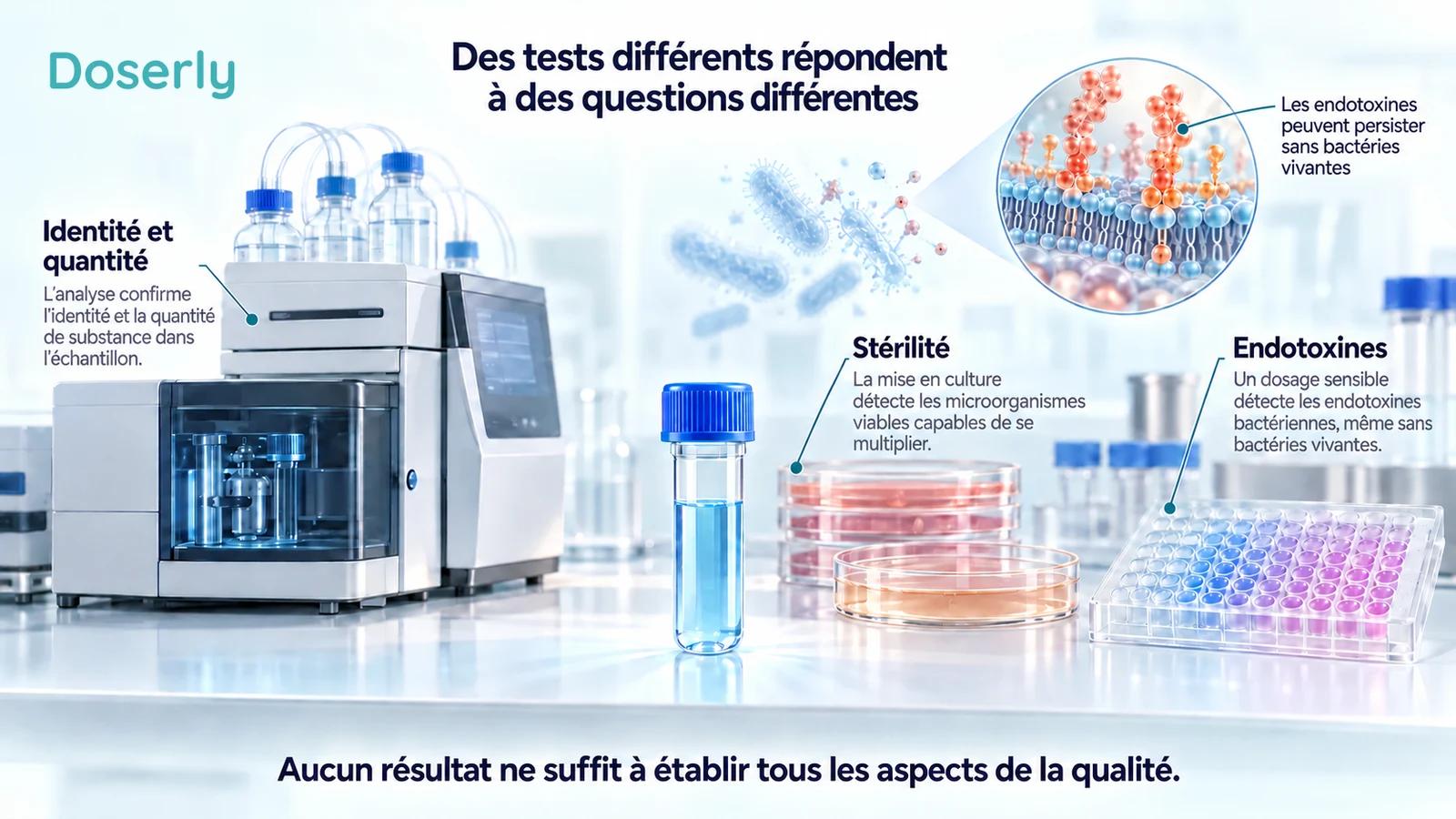 De l’équipement de laboratoire professionnel, des récipients de culture et un test des endotoxines illustrent différentes mesures de qualité.