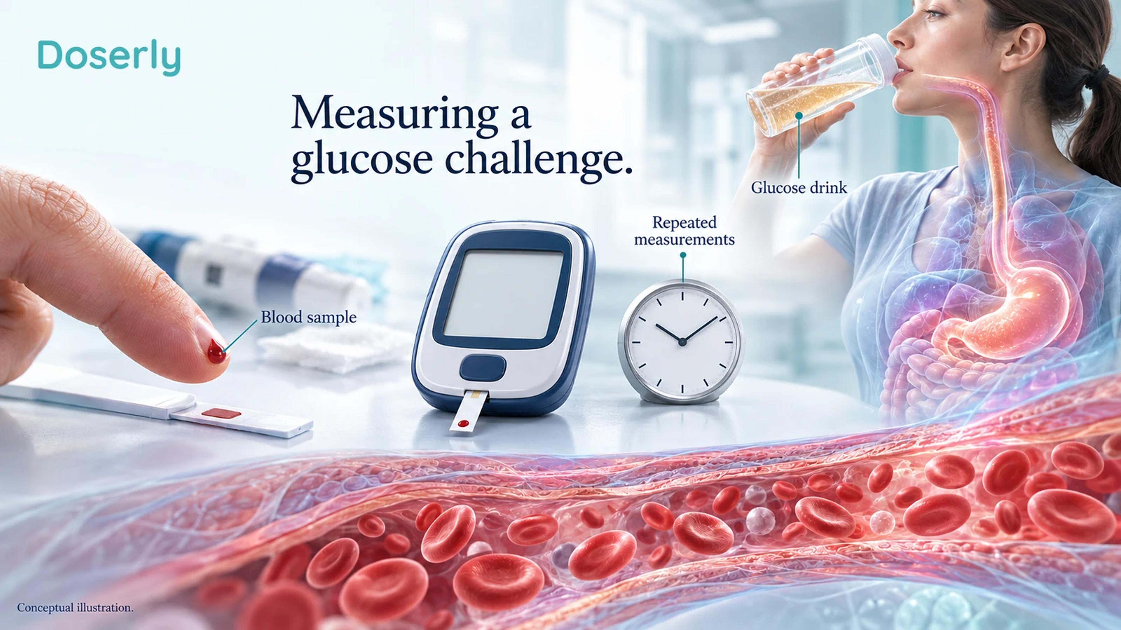 A glucose drink, finger-prick sample, blank glucose meter and clock illustrate repeated measurement during a glucose challenge.