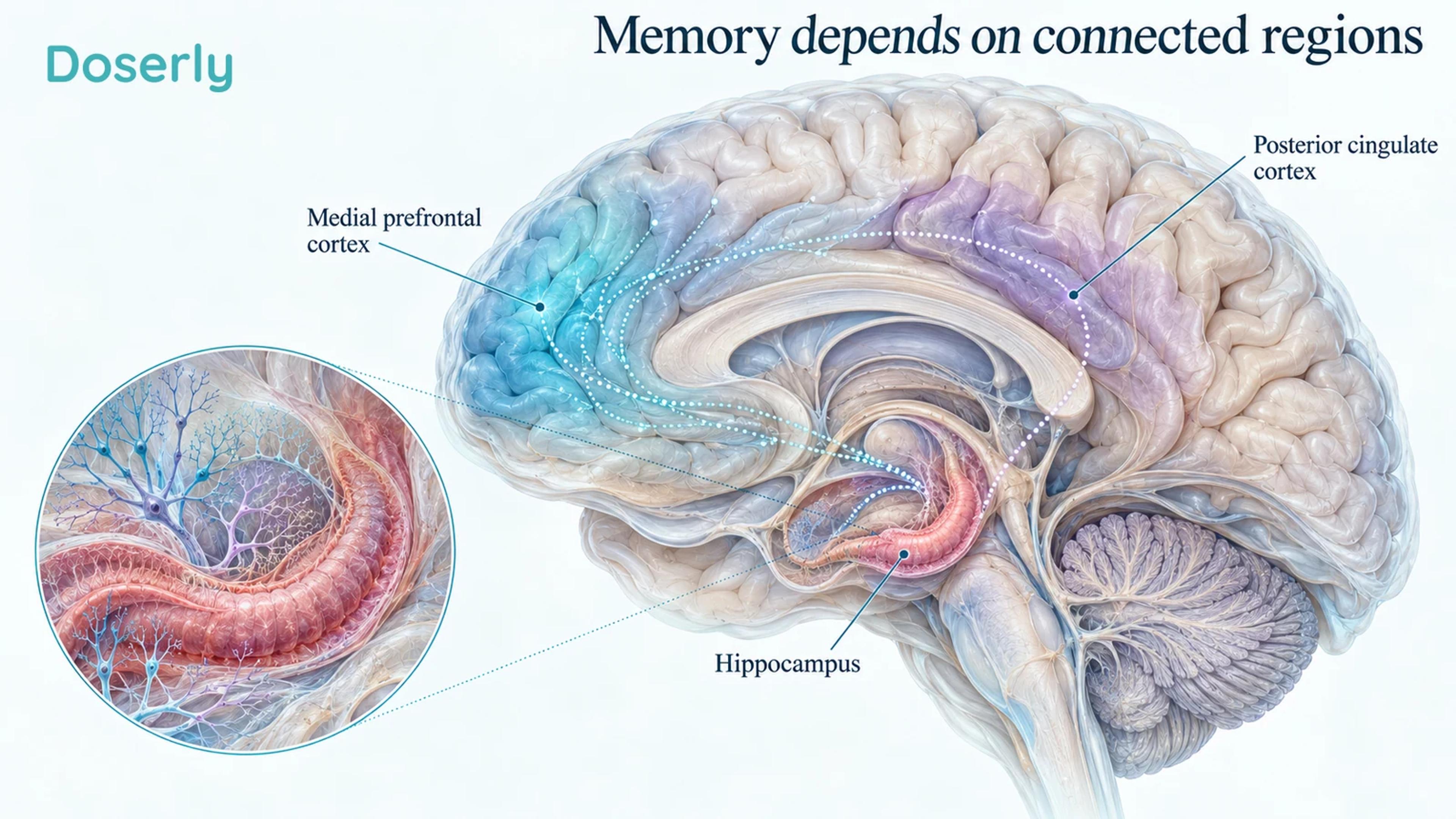 Conceptual medial brain view showing the hippocampus and distributed cortical regions involved in memory, with no treatment target or measured connectivity map.