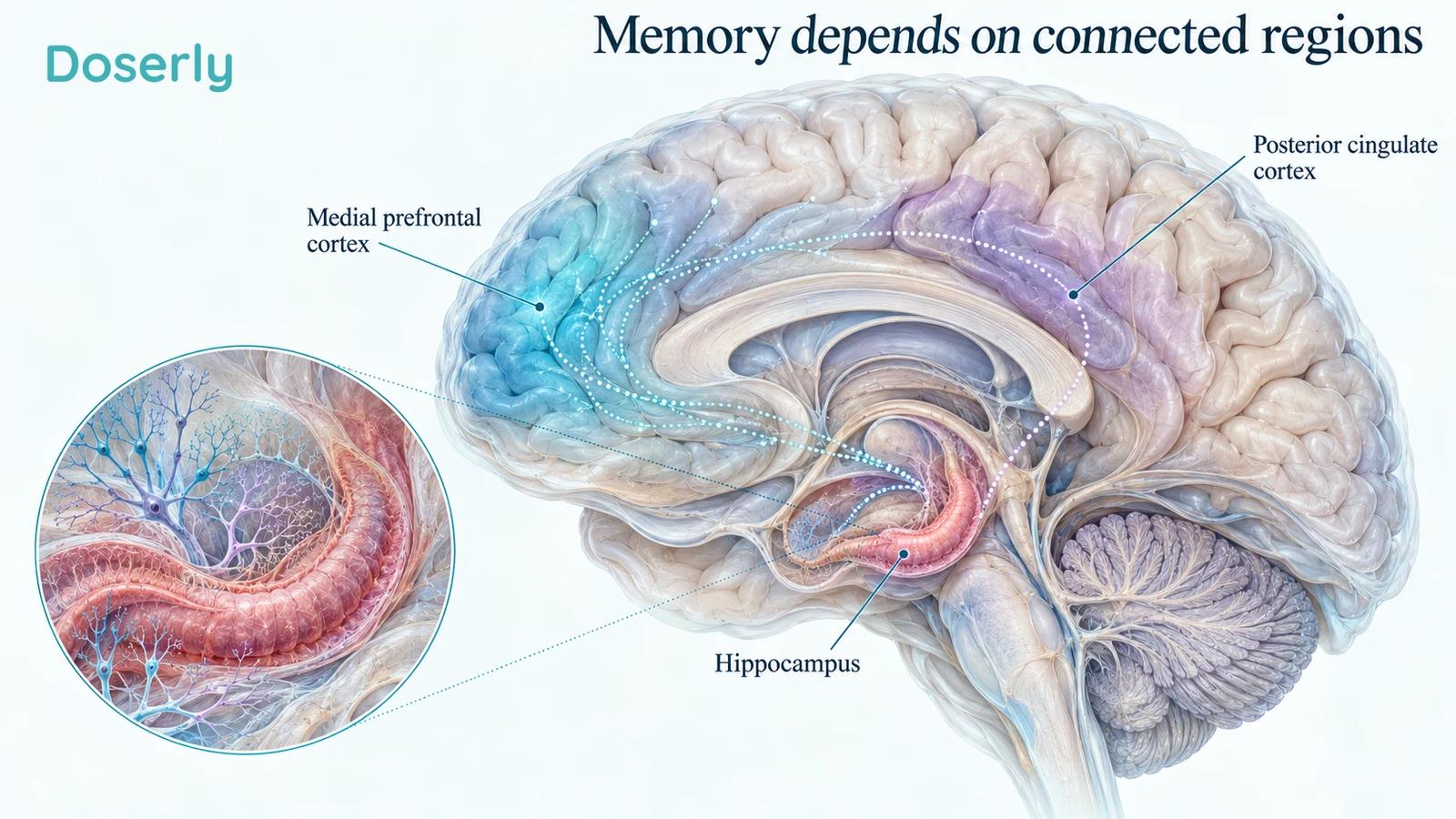 Conceptual medial brain view showing the hippocampus and distributed cortical regions involved in memory, with no treatment target or measured connectivity map.