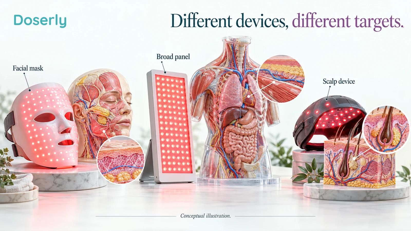 A facial mask, broad panel and small scalp device sit beside distinct anatomical targets without implying that they are interchangeable.