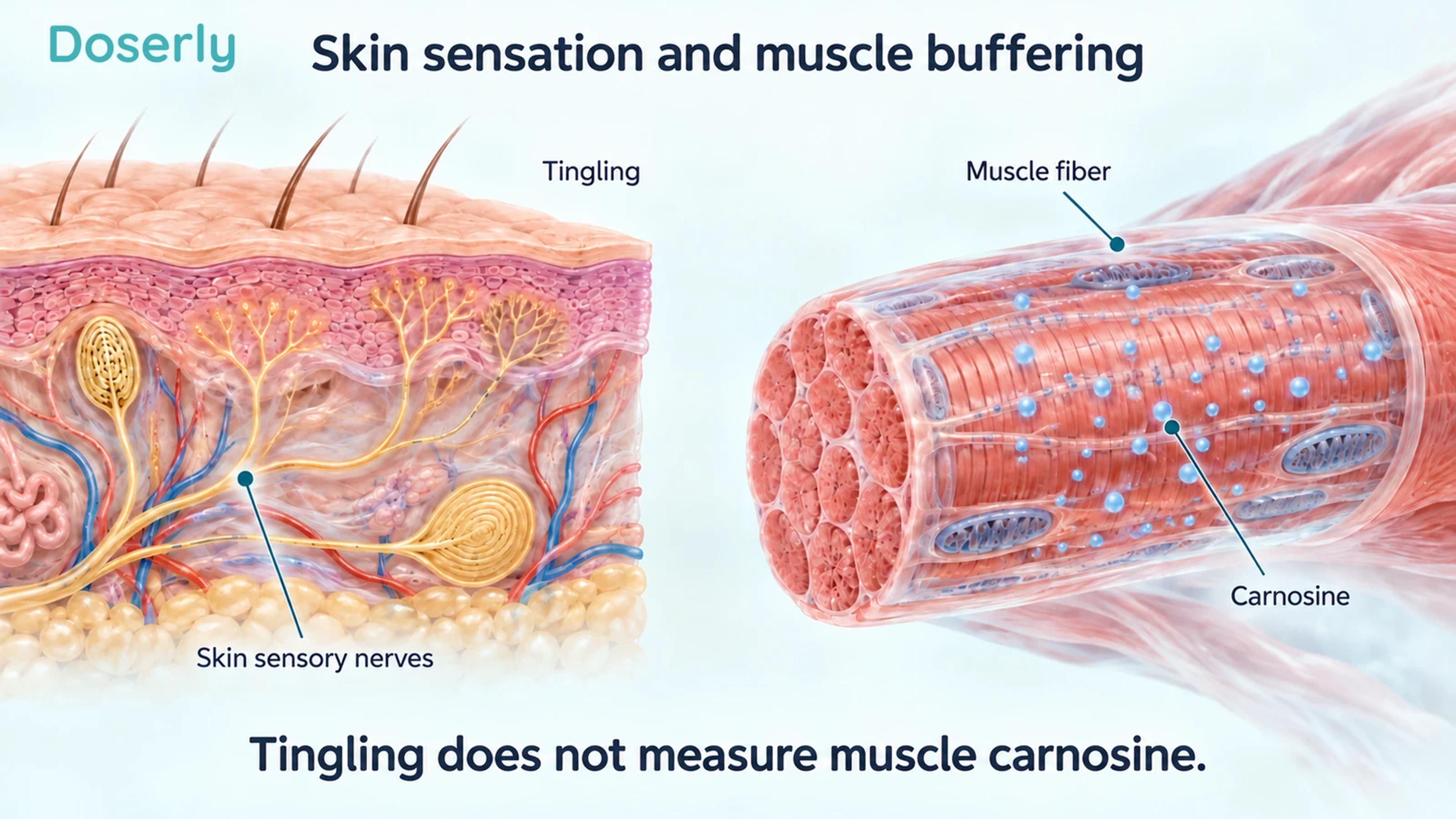 Detailed skin sensory nerves beside a magnified skeletal muscle fiber with conceptual carnosine markers.