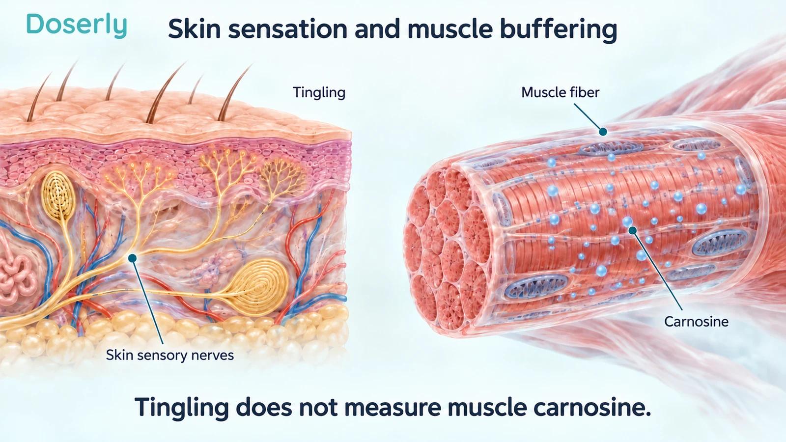 Detailed skin sensory nerves beside a magnified skeletal muscle fiber with conceptual carnosine markers.
