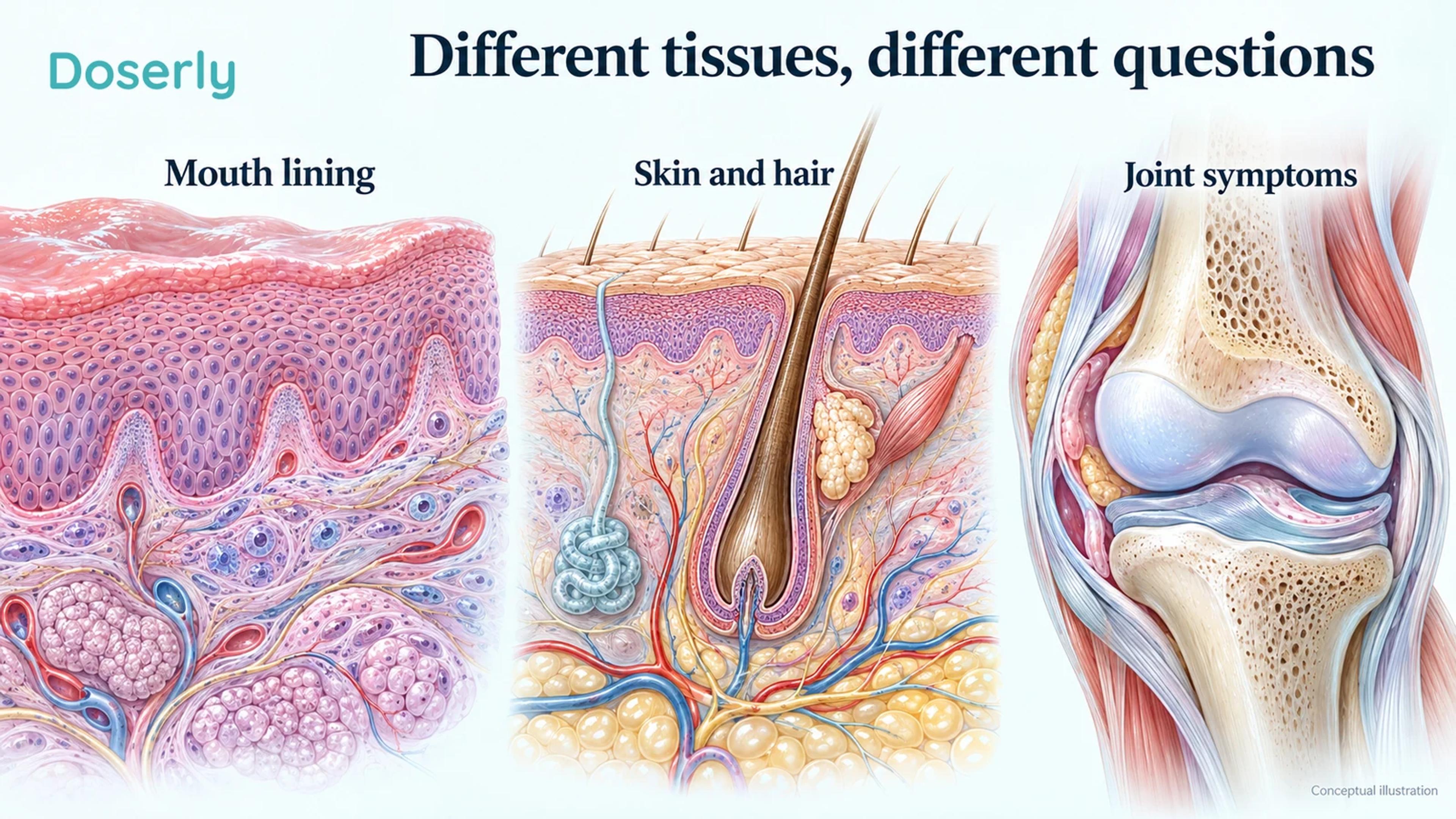 Conceptual mouth lining, skin and hair follicle, and knee joint illustrating distinct tissues studied with photobiomodulation.