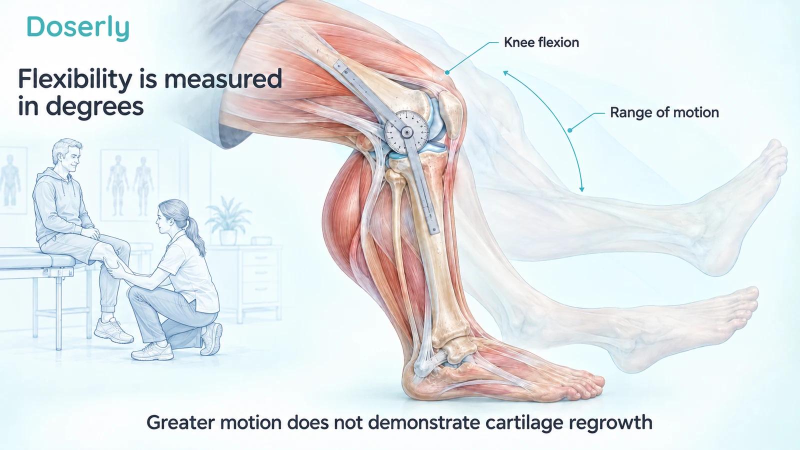 A knee and goniometer illustrate how range of motion is assessed during a clinical examination.