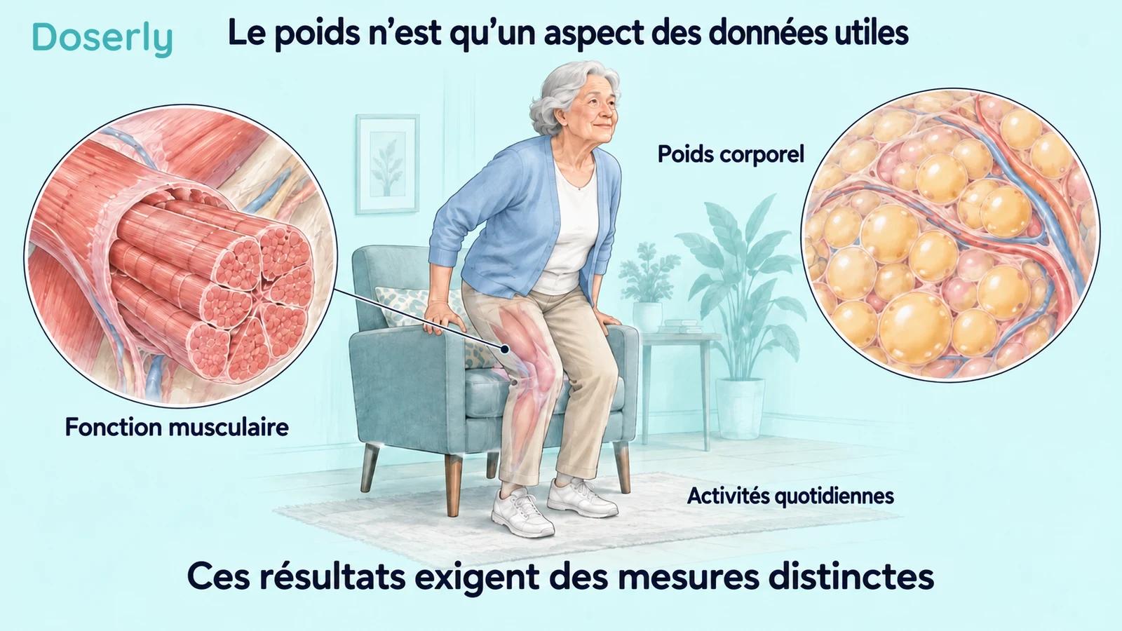 Illustration d’une personne âgée qui se lève d’une chaise, avec des agrandissements de tissus musculaires et adipeux.