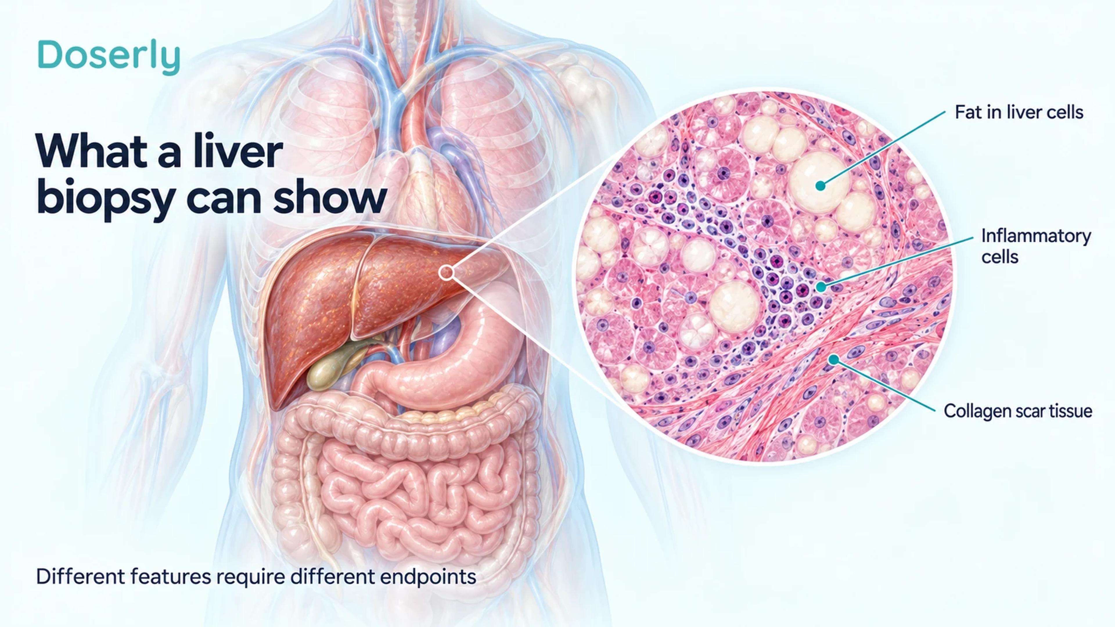Detailed liver anatomy with a magnified tissue illustration identifying fat-filled liver cells, inflammatory cells and collagen scar tissue.