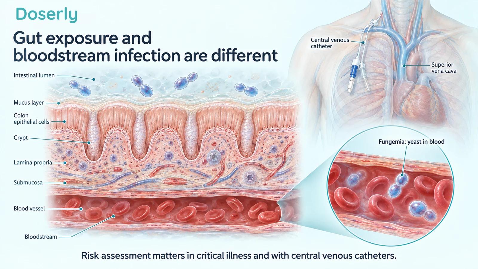 Colonic lumen and an intact tissue barrier above a blood vessel, with separate illustrations of fungemia and a central venous catheter.