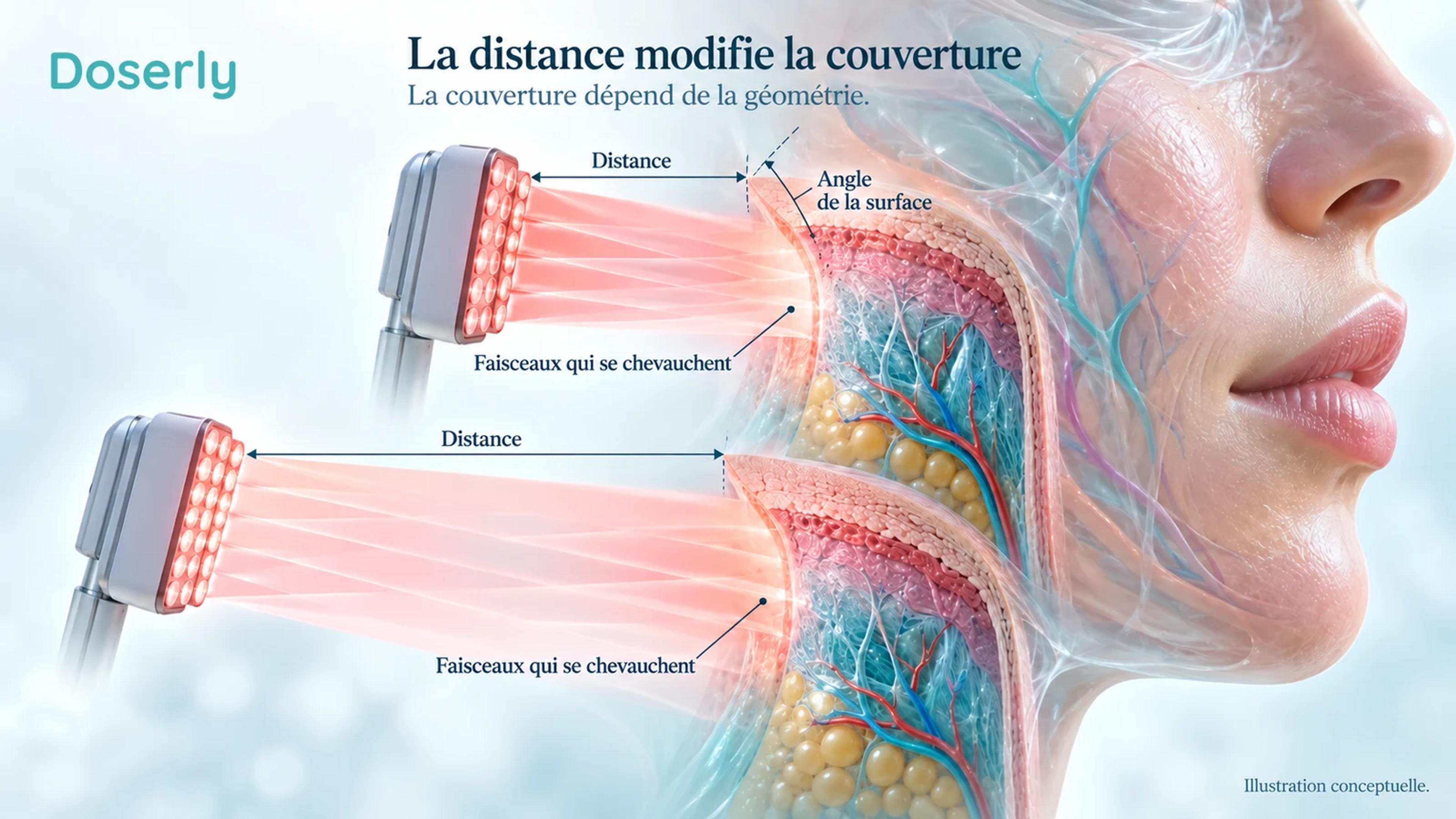 Deux agencements conceptuels de DEL projettent de la lumière qui se chevauche sur une surface cutanée courbe, montrant comment la distance et l’angle changent la couverture.