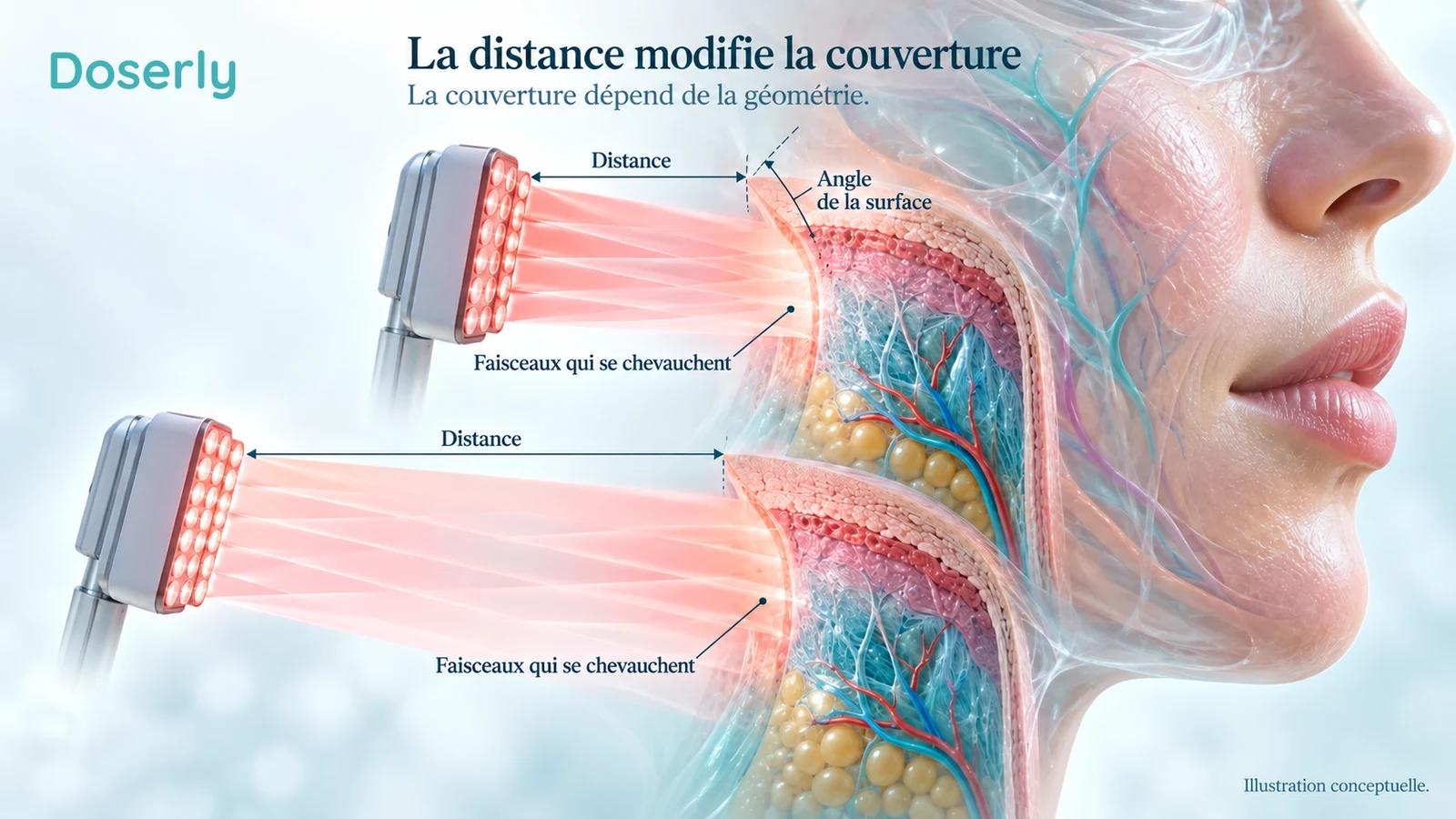 Deux agencements conceptuels de DEL projettent de la lumière qui se chevauche sur une surface cutanée courbe, montrant comment la distance et l’angle changent la couverture.