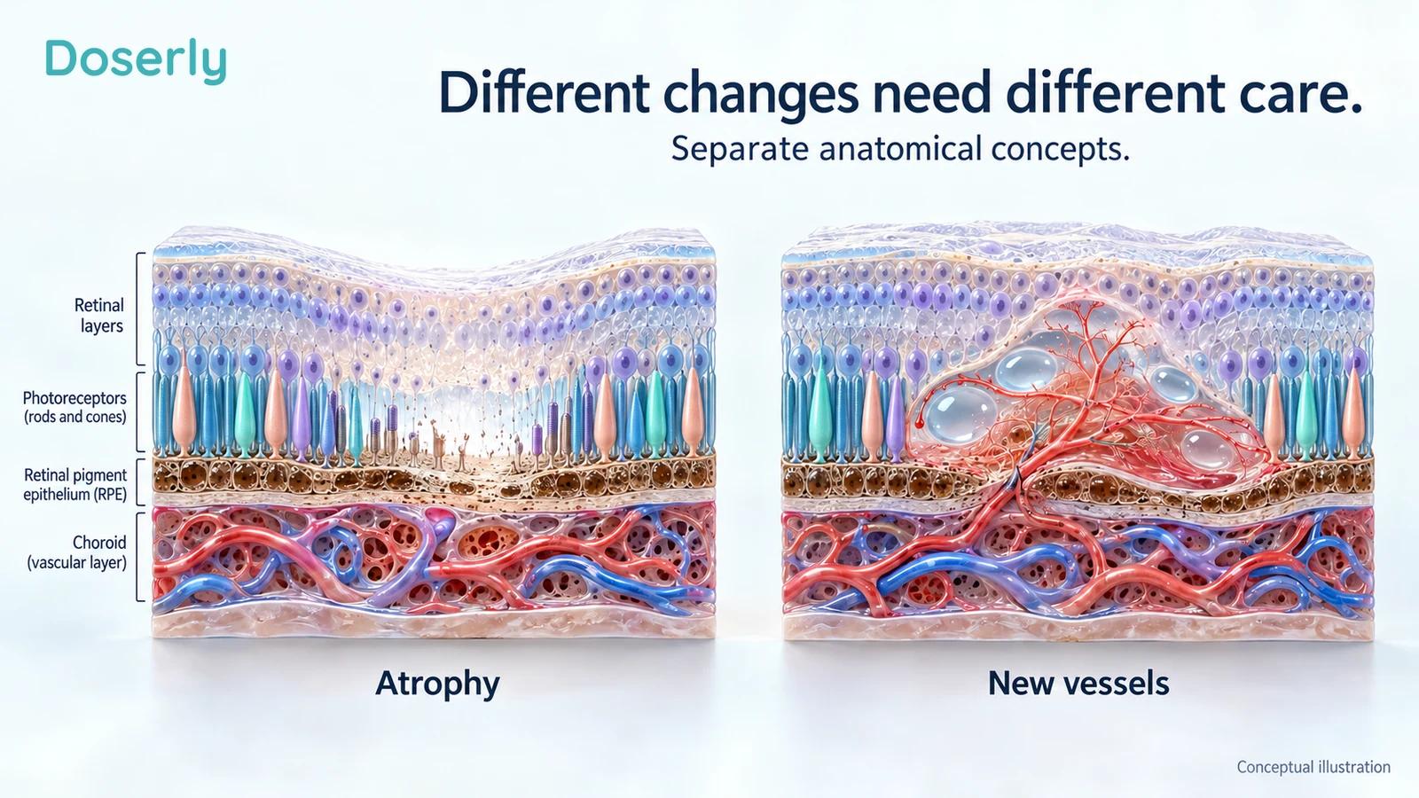 Two separate conceptual retinal tissue models distinguish an area of atrophy from abnormal new blood vessels.