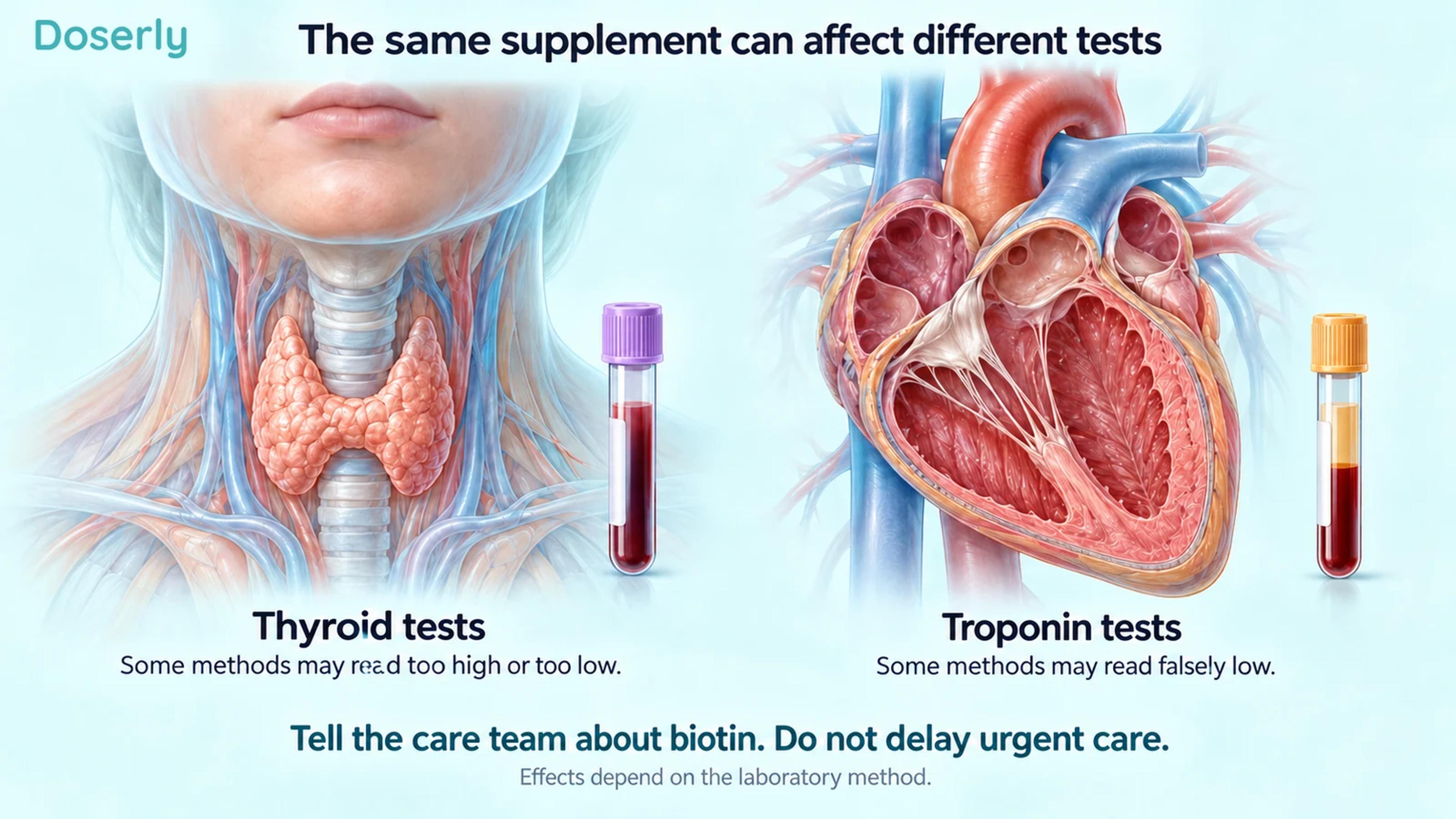 Detailed thyroid and heart illustrations beside sample tubes explain that susceptible thyroid tests may read high or low and susceptible troponin tests may read falsely low.