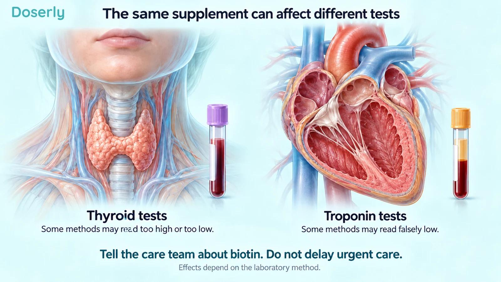 Detailed thyroid and heart illustrations beside sample tubes explain that susceptible thyroid tests may read high or low and susceptible troponin tests may read falsely low.