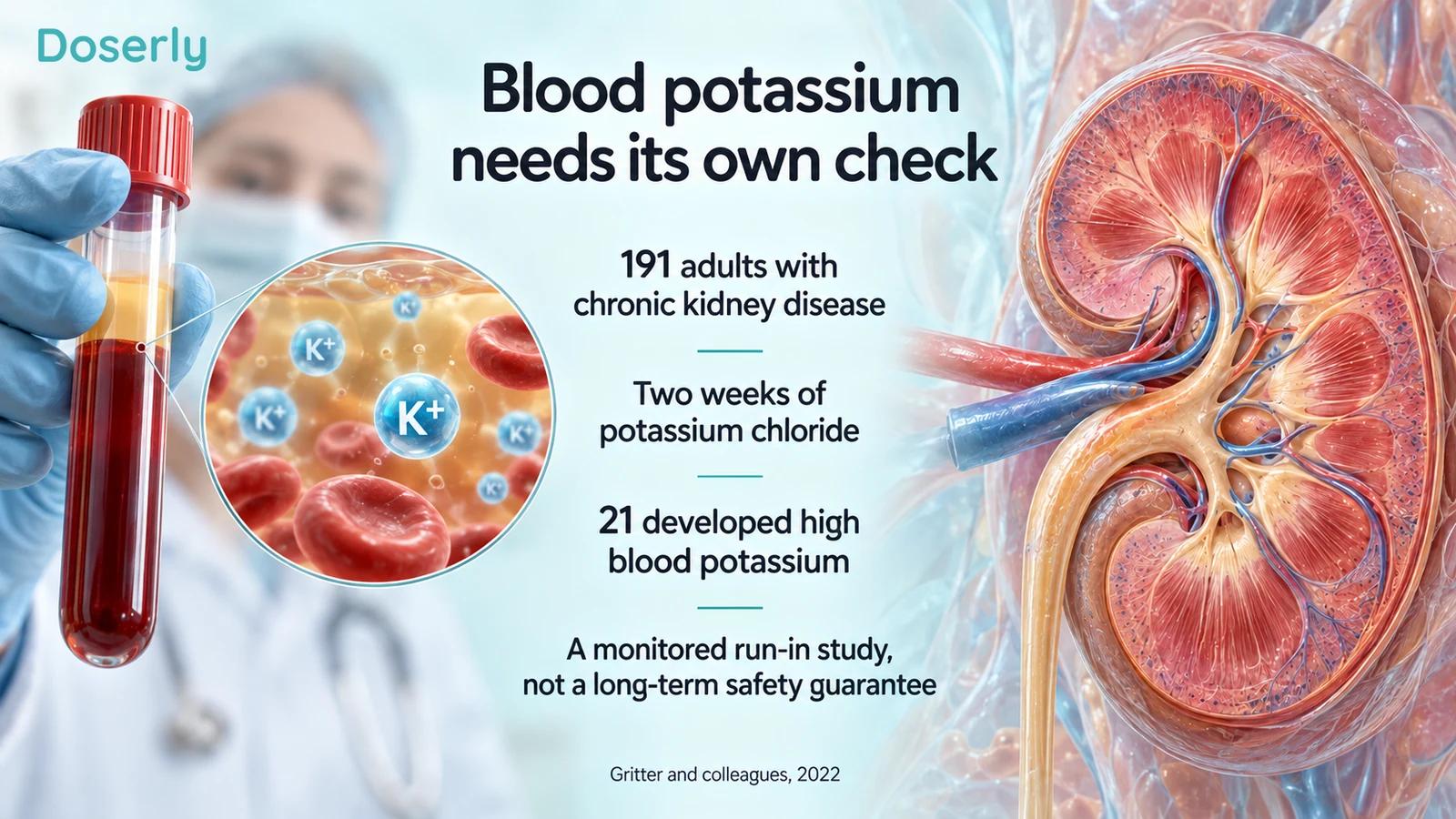 Blood sample and kidney illustrating the monitored potassium study in 191 adults with chronic kidney disease.