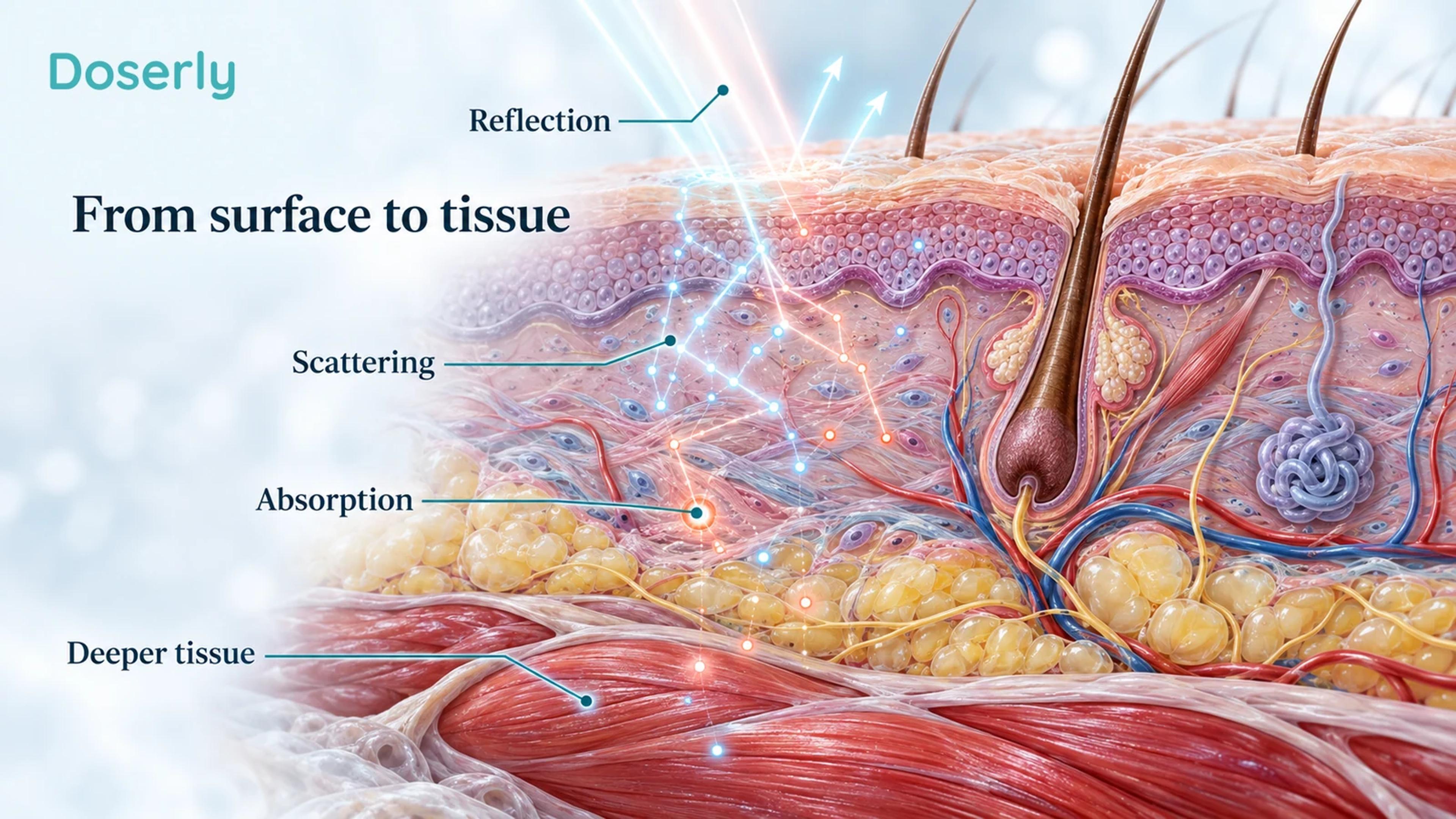 A skin and soft-tissue cutaway shows reflected light, scattered paths and absorption at different locations without a fixed penetration depth.