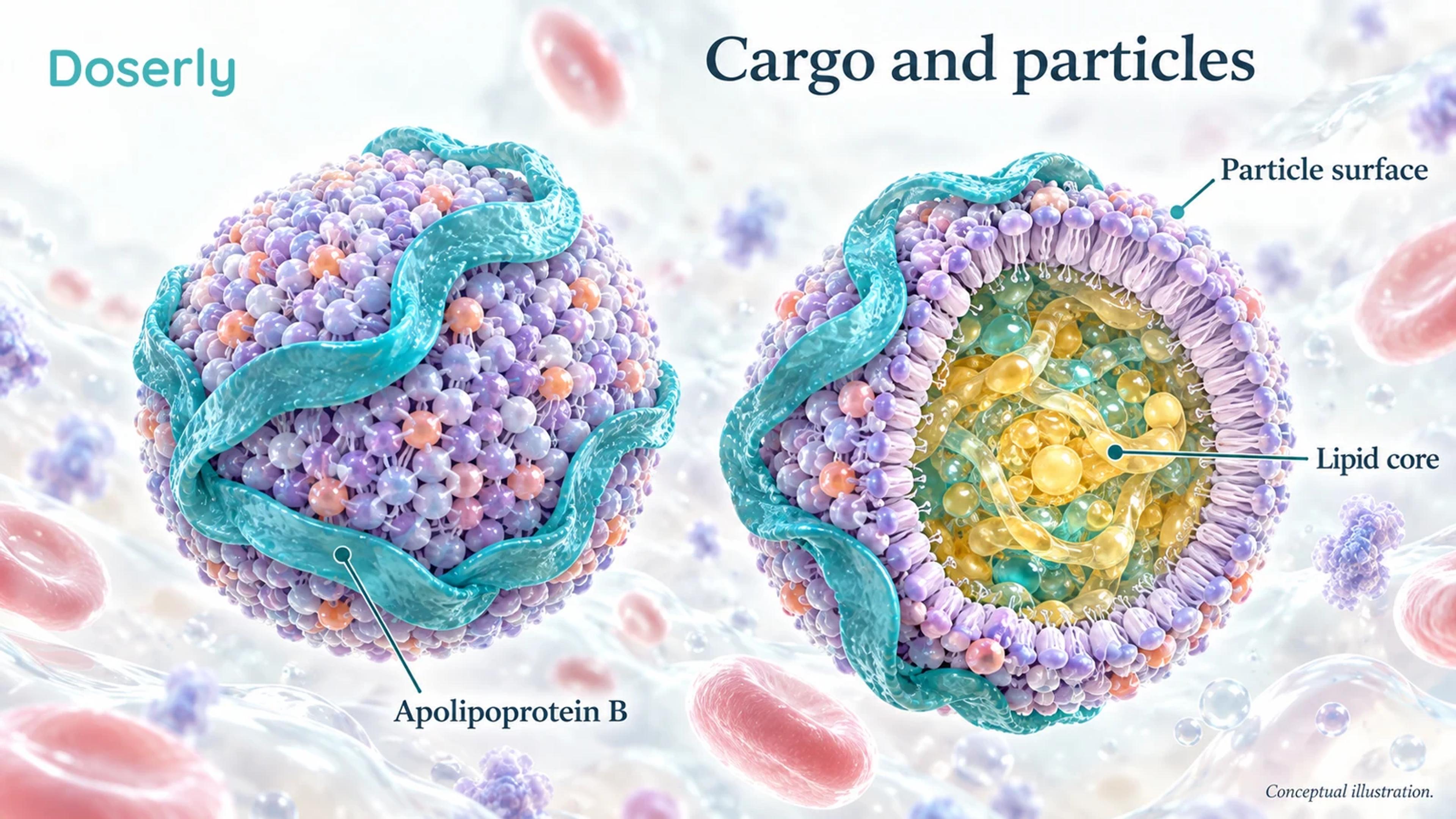 Two magnified lipoprotein particles show a lipid core and surface apolipoprotein B.