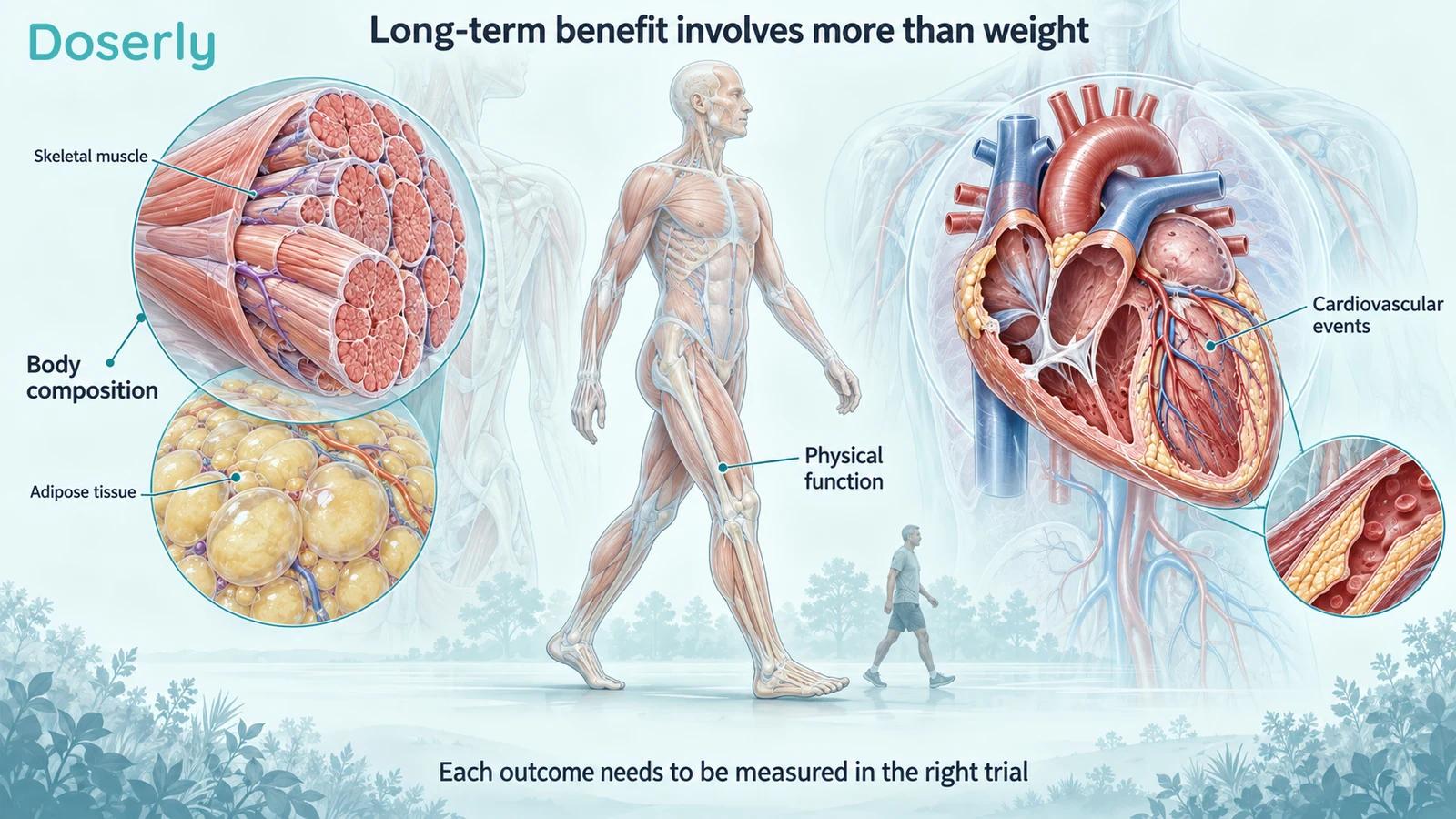Detailed muscle and fat tissue, walking anatomy and a heart cutaway illustrate different long-term outcomes.