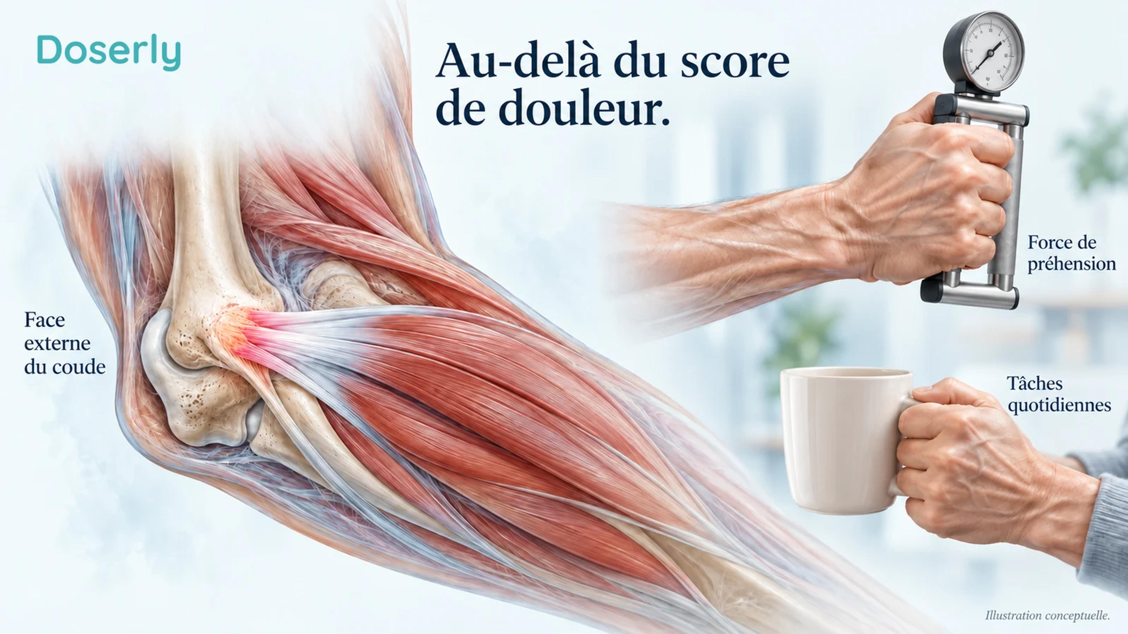 Illustration anatomique de l’insertion tendineuse à l’extérieur du coude, à côté d’une évaluation de la force de préhension et d’une main soulevant une tasse.