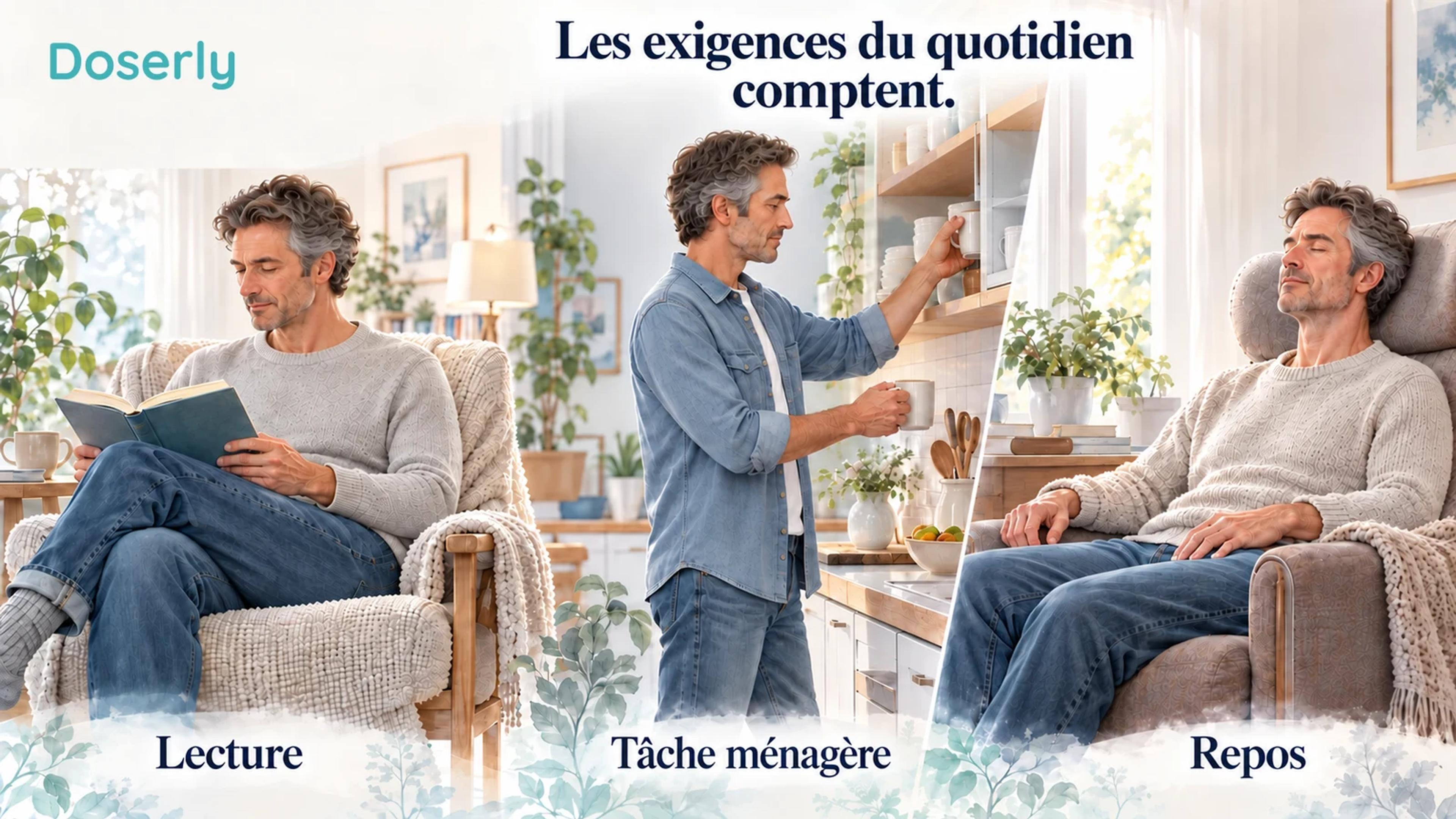 Une scène conceptuelle du quotidien montre la lecture, une brève tâche ménagère et le repos assis comme des exigences différentes pour une personne vivant avec la fatigue.