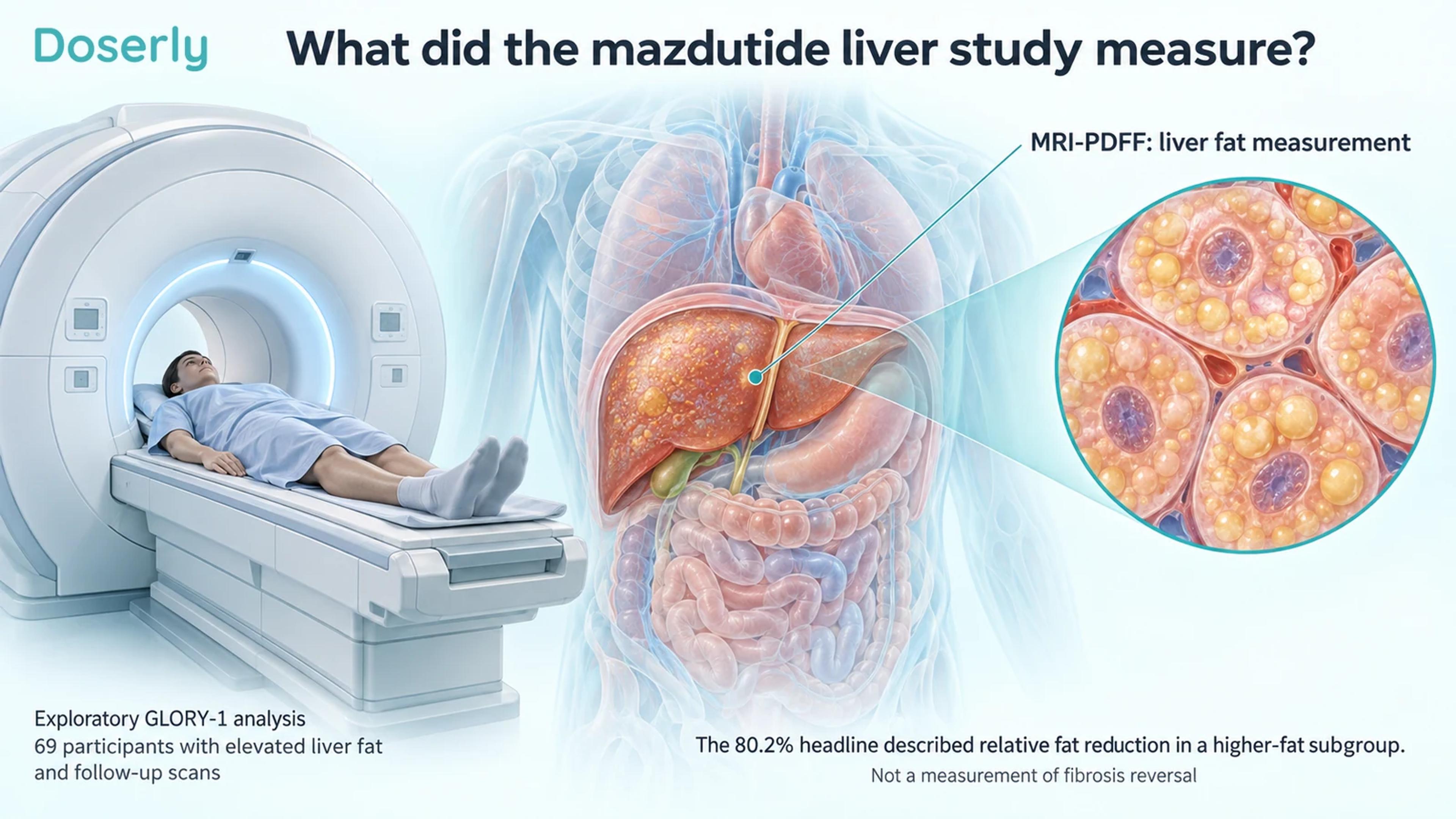 An MRI examination beside liver and hepatocyte anatomy, identifying the exploratory GLORY-1 liver-fat analysis.