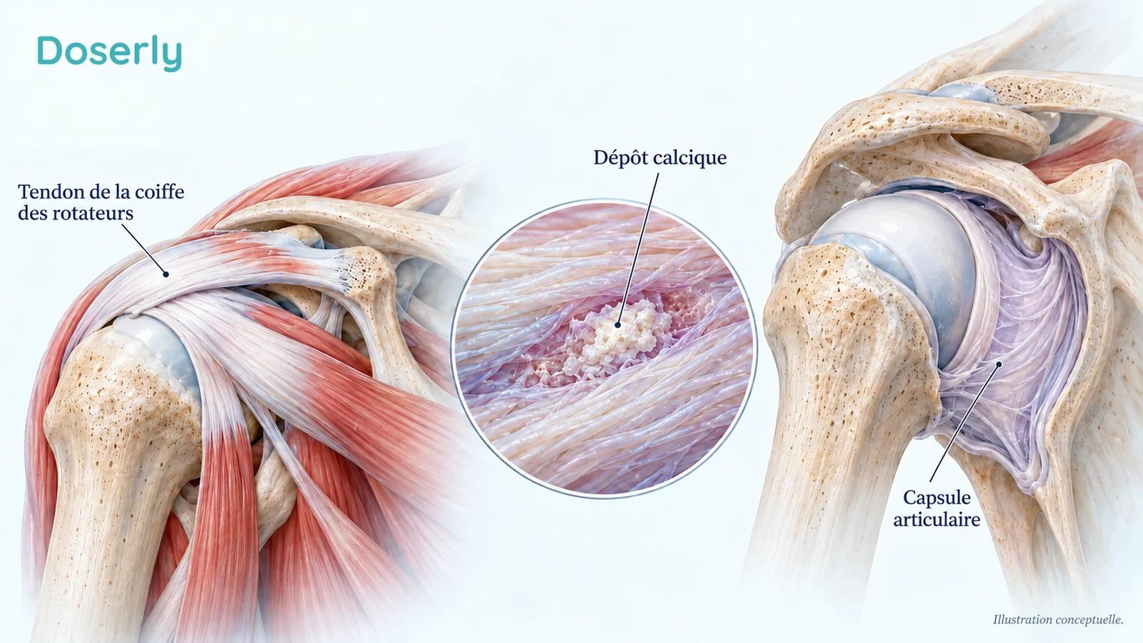 Illustration conceptuelle de l’anatomie de l’épaule montrant le tendon de la coiffe des rotateurs, un petit dépôt calcique localisé et un encadré distinct sur la capsule articulaire.