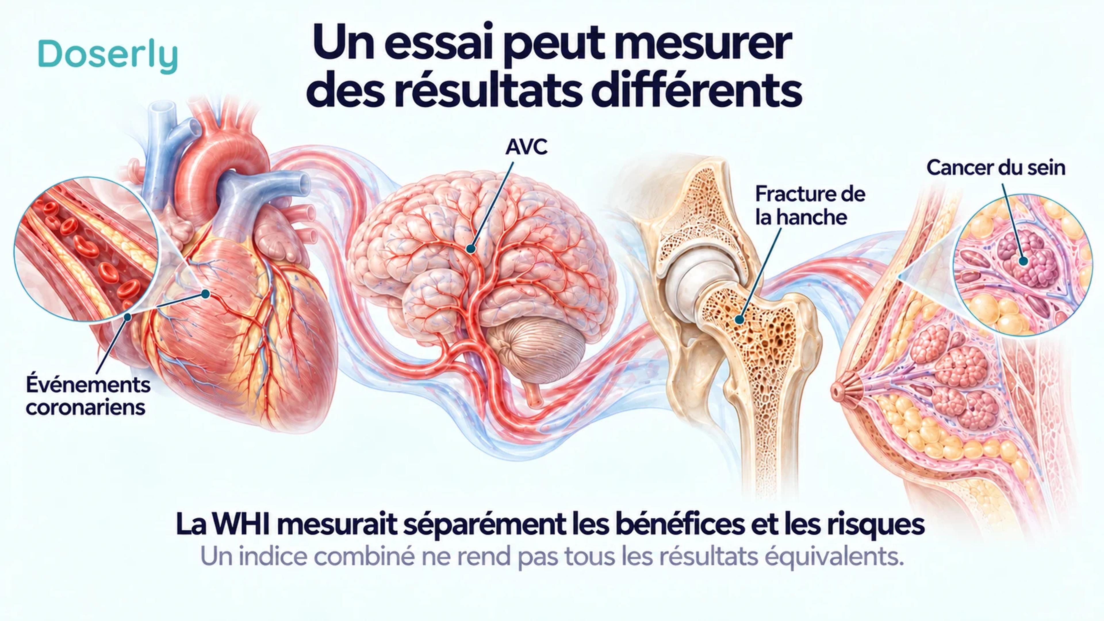Illustrations détaillées du cœur, du cerveau, de l’os de la hanche et du tissu mammaire représentant différents résultats de santé évalués dans la WHI.