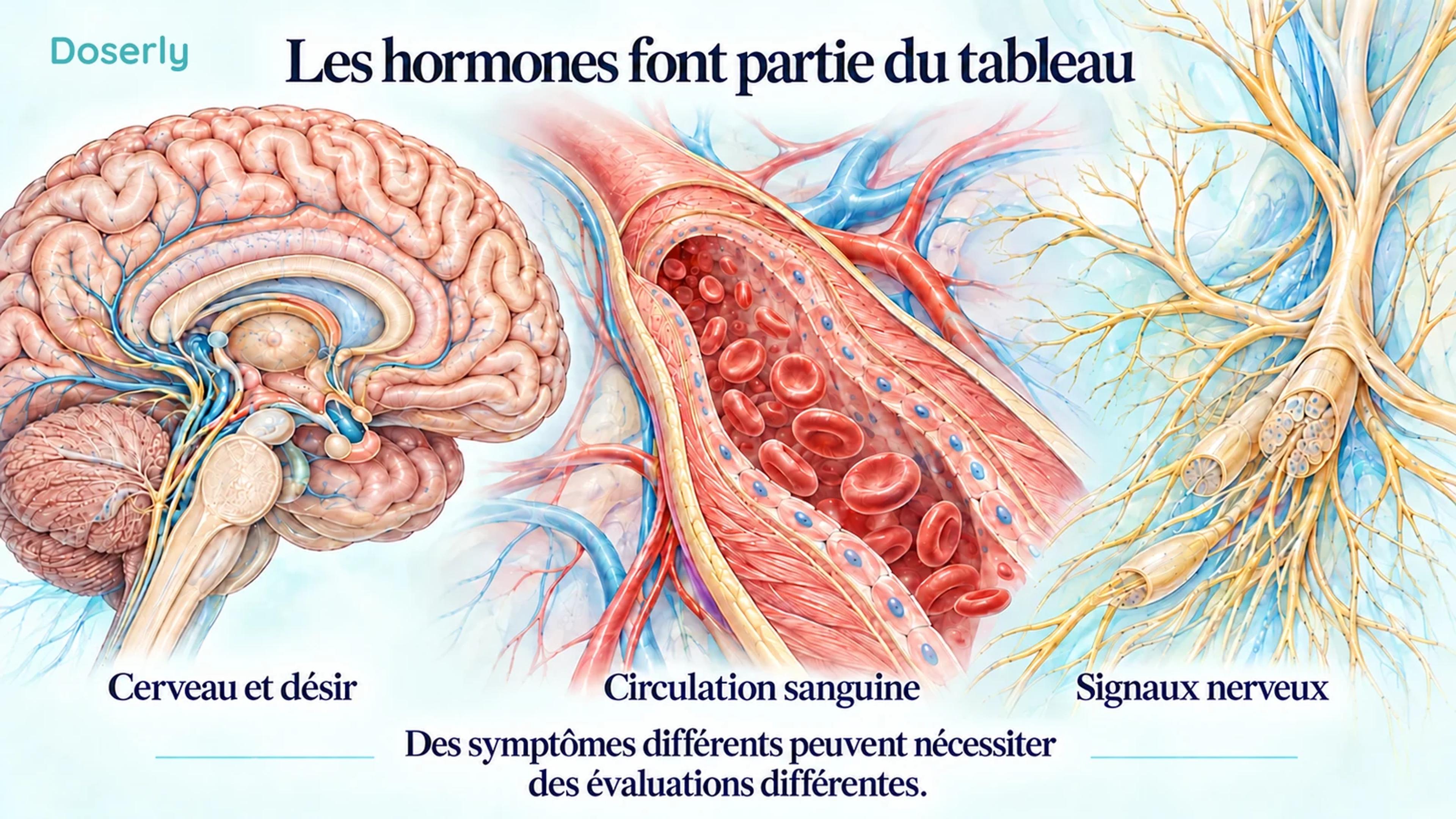 Des illustrations détaillées du cerveau, d’une artère et de nerfs périphériques montrent différents facteurs contribuant à la santé sexuelle.