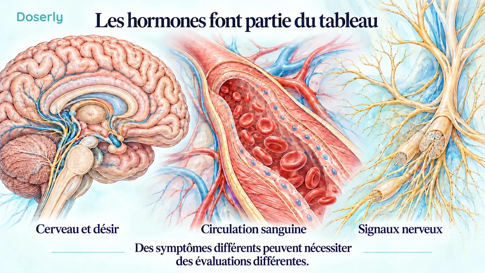 Des illustrations détaillées du cerveau, d’une artère et de nerfs périphériques montrent différents facteurs contribuant à la santé sexuelle.