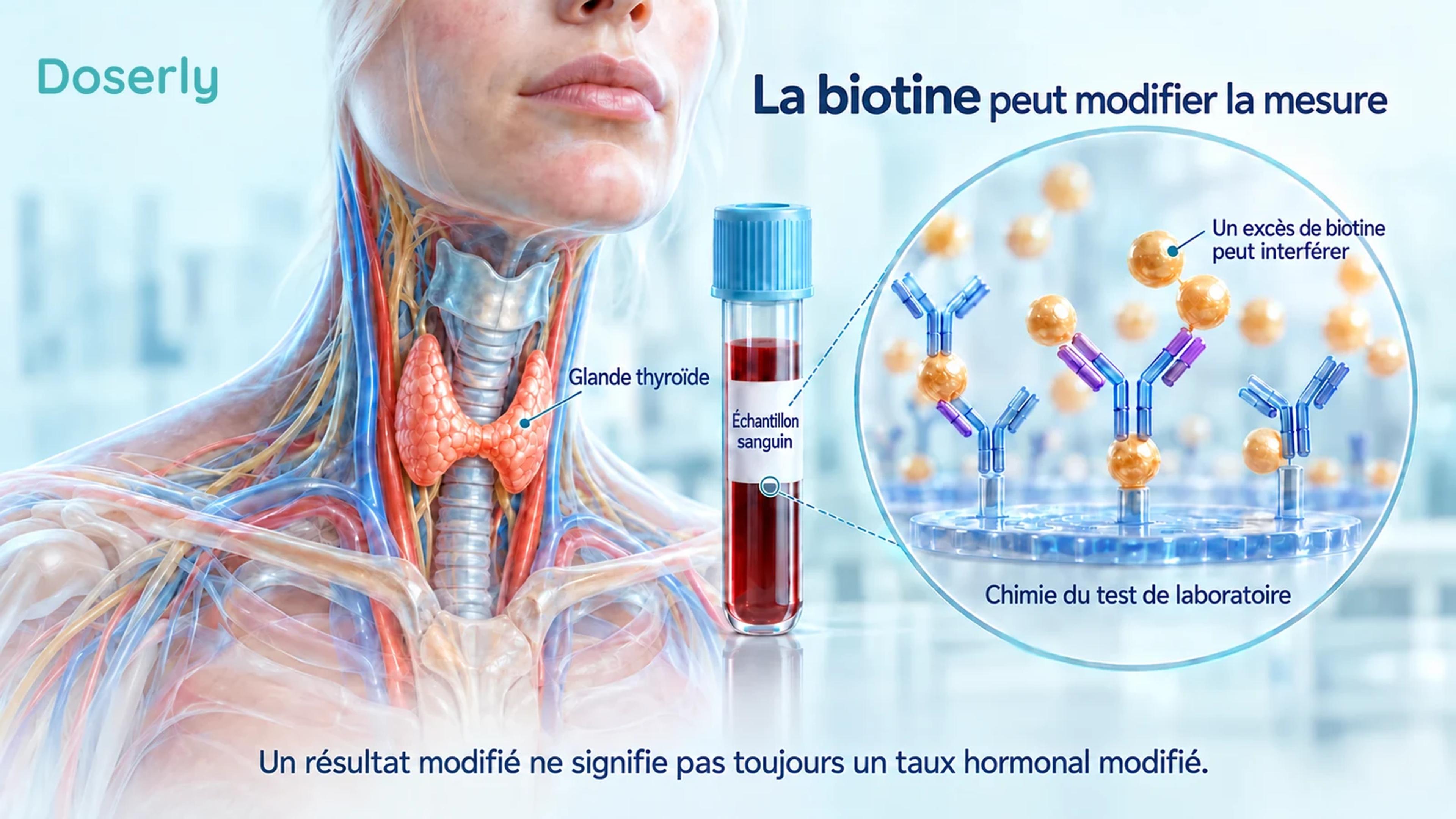 Une glande thyroïde, un échantillon sanguin et un schéma agrandi d’un système de liaison en laboratoire illustrent où la biotine peut perturber la mesure.