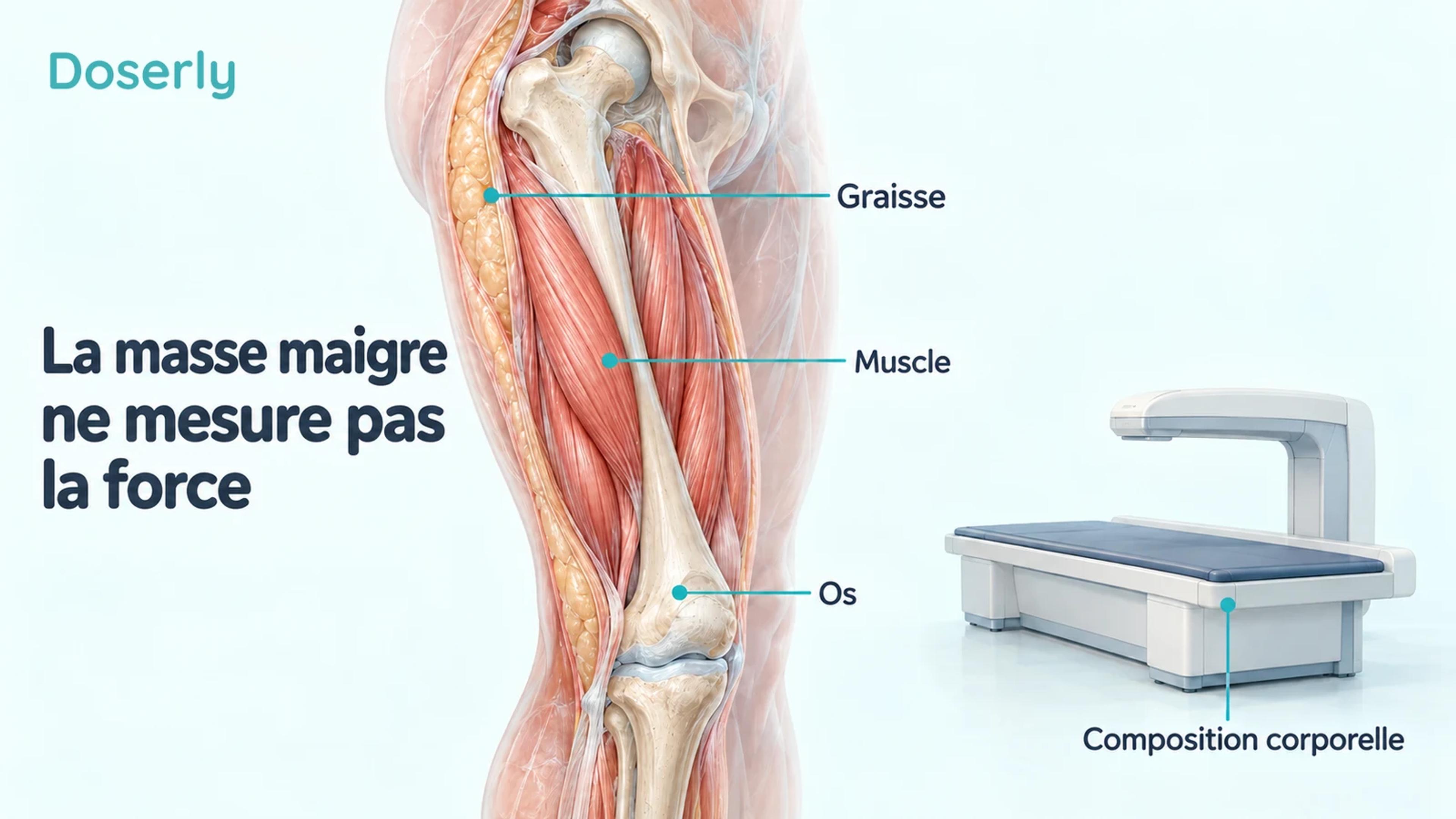 Coupe anatomique d’une cuisse montrant la graisse, les muscles et l’os à côté d’un appareil de DXA.