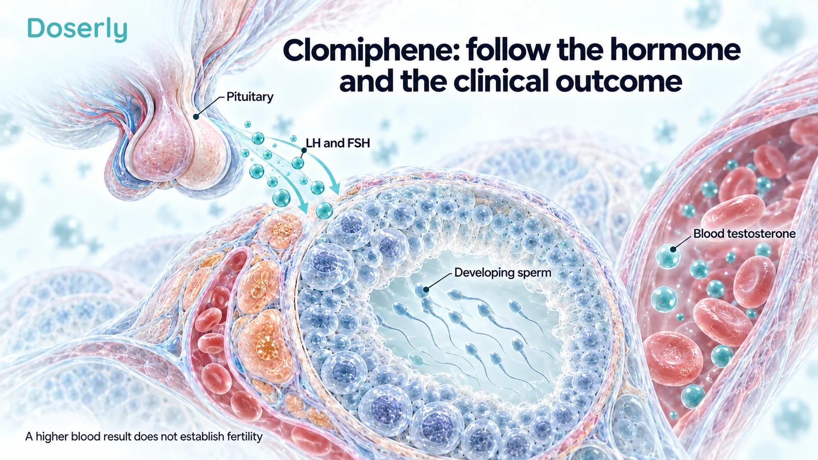 An isolated pituitary gland sends conceptual hormone signals toward sperm-producing testicular tissue beside a separate blood-testosterone compartment.