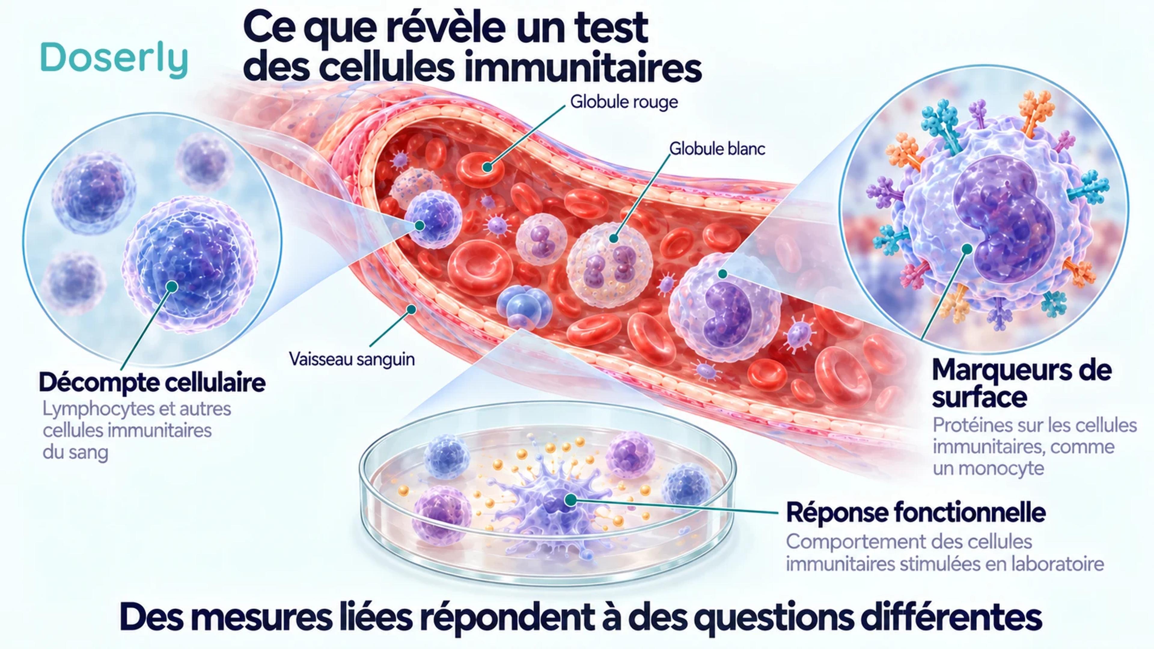 Un vaisseau sanguin et des vues agrandies de cellules illustrent les décomptes cellulaires, les protéines de surface et les réponses fonctionnelles en laboratoire.