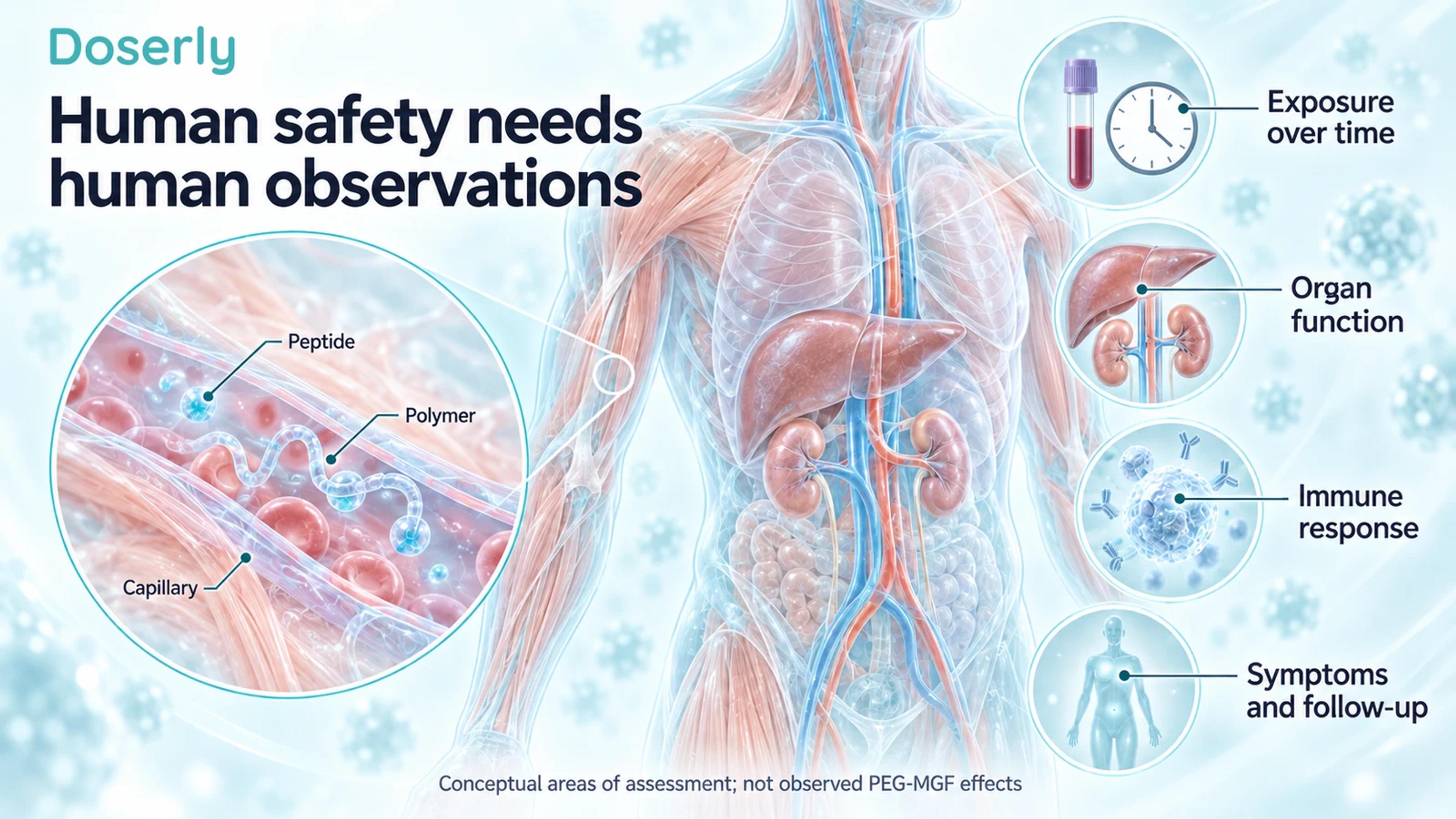 A translucent torso and conceptual capillary inset identify exposure, organ function, immune response and follow-up as separate areas of safety assessment.