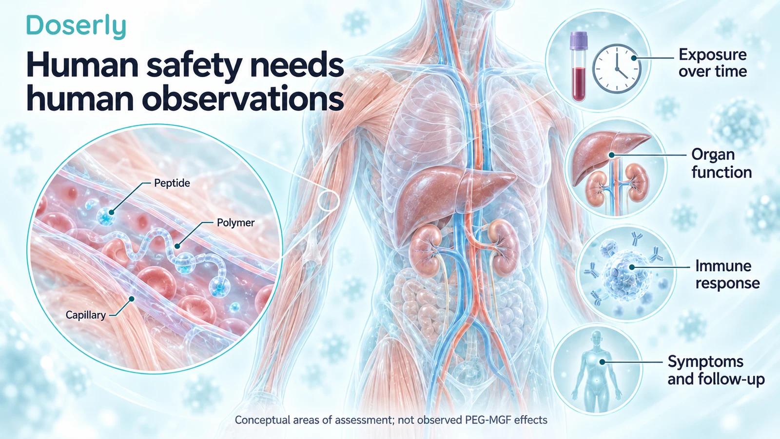 A translucent torso and conceptual capillary inset identify exposure, organ function, immune response and follow-up as separate areas of safety assessment.