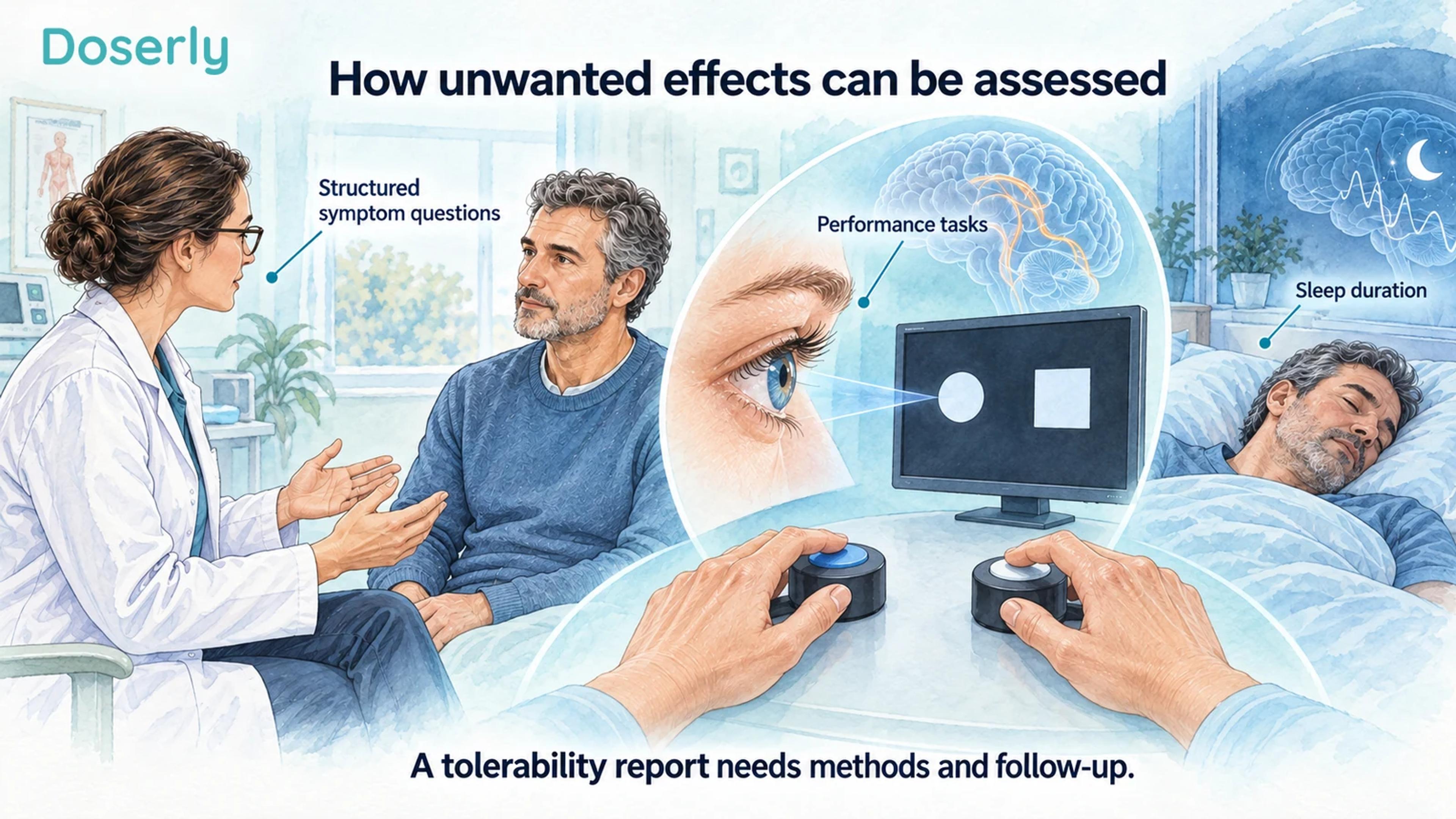 A clinical interview, response-button task and sleep scene illustrate different tolerability assessments.