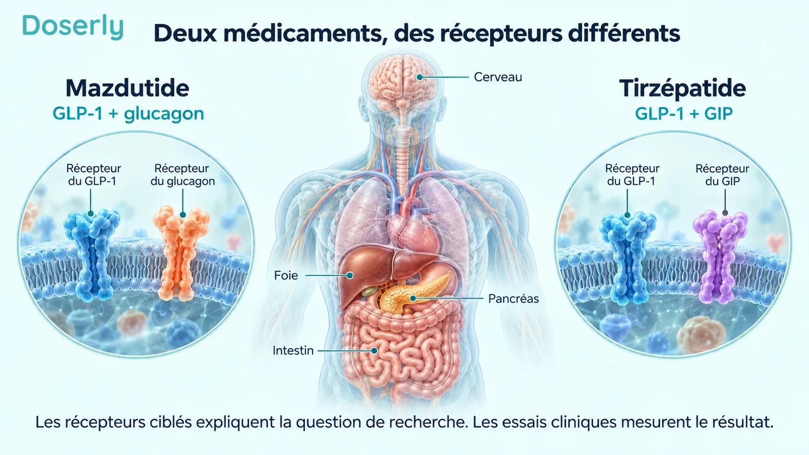 Un torse translucide montrant le cerveau, le foie, le pancréas et l’intestin, à côté de paires de récepteurs schématisées pour le mazdutide et le tirzépatide.
