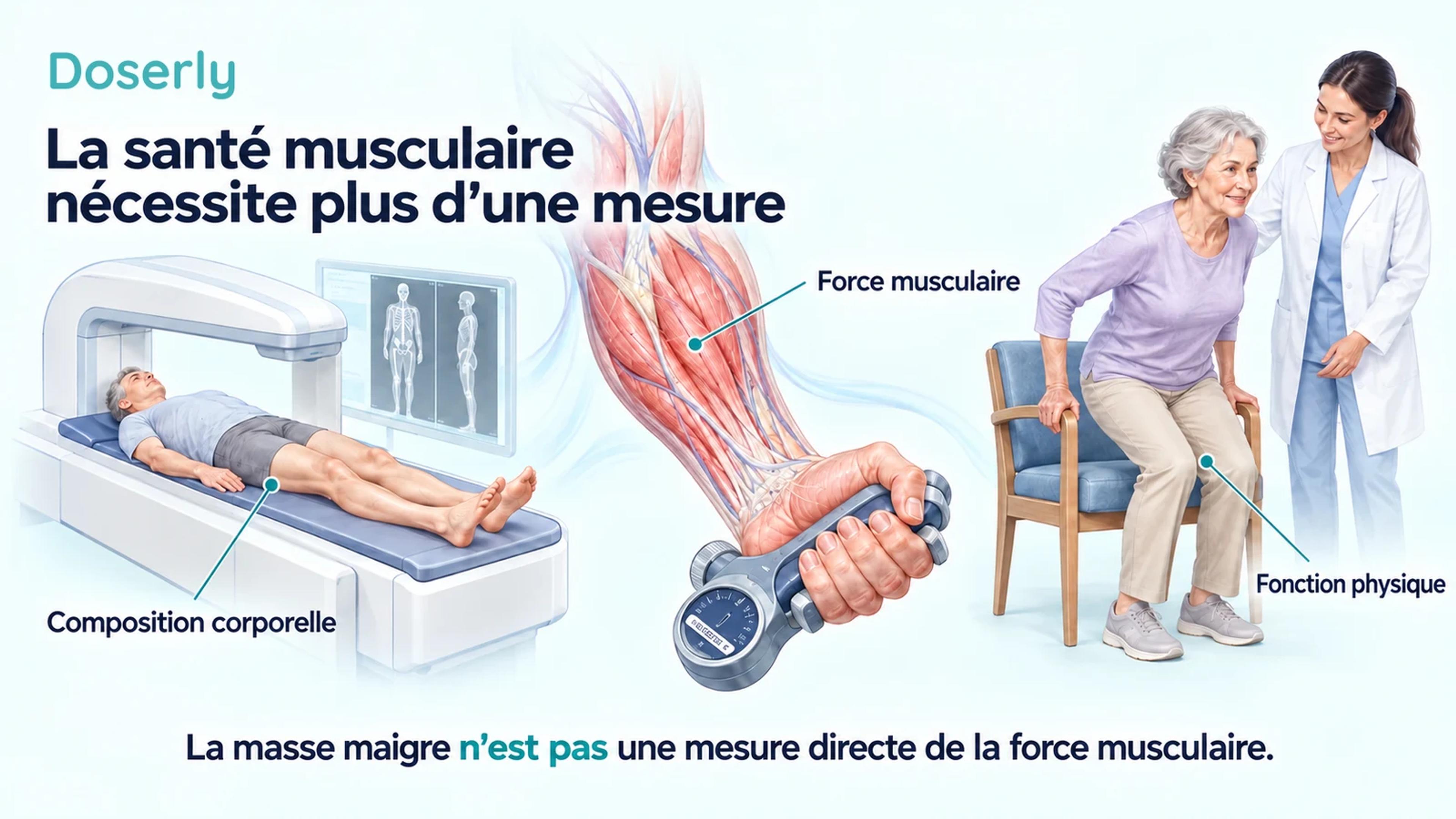 Une évaluation par DXA, un avant-bras détaillé serrant un dynamomètre et une personne âgée se levant d’une chaise illustrent la composition, la force et la fonction.