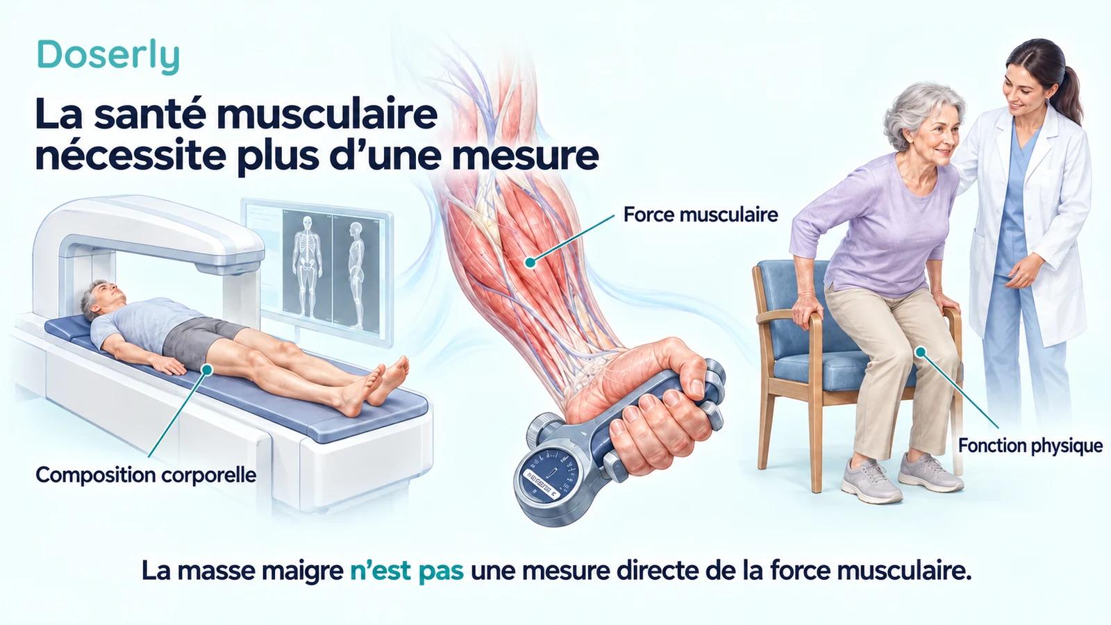 Une évaluation par DXA, un avant-bras détaillé serrant un dynamomètre et une personne âgée se levant d’une chaise illustrent la composition, la force et la fonction.