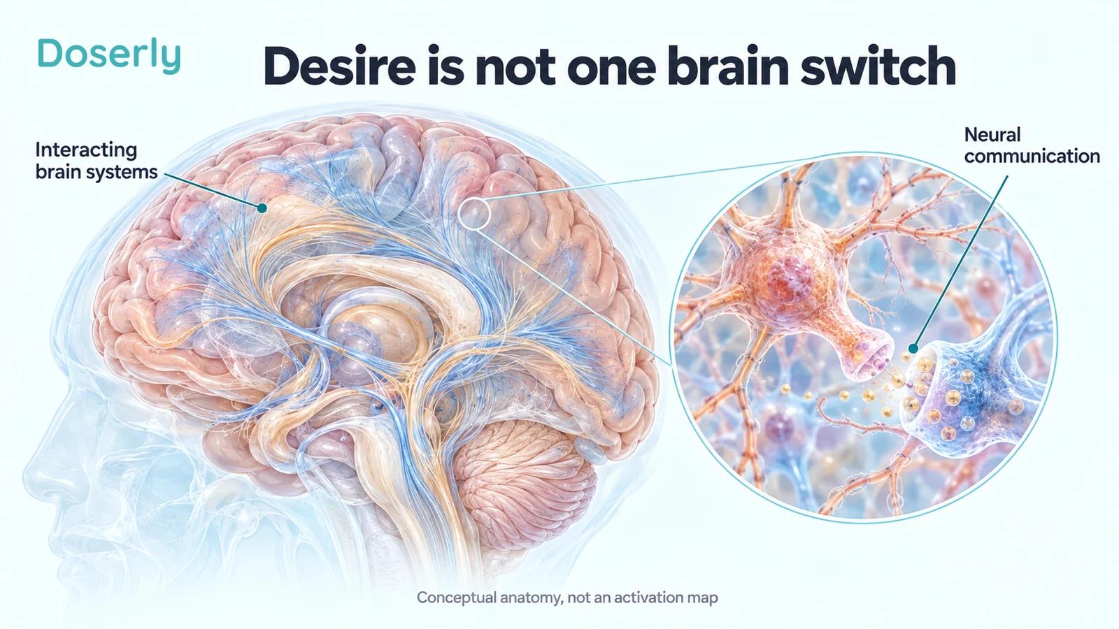 A detailed conceptual brain and magnified neural network illustrate the many interacting systems involved in sexual processing.