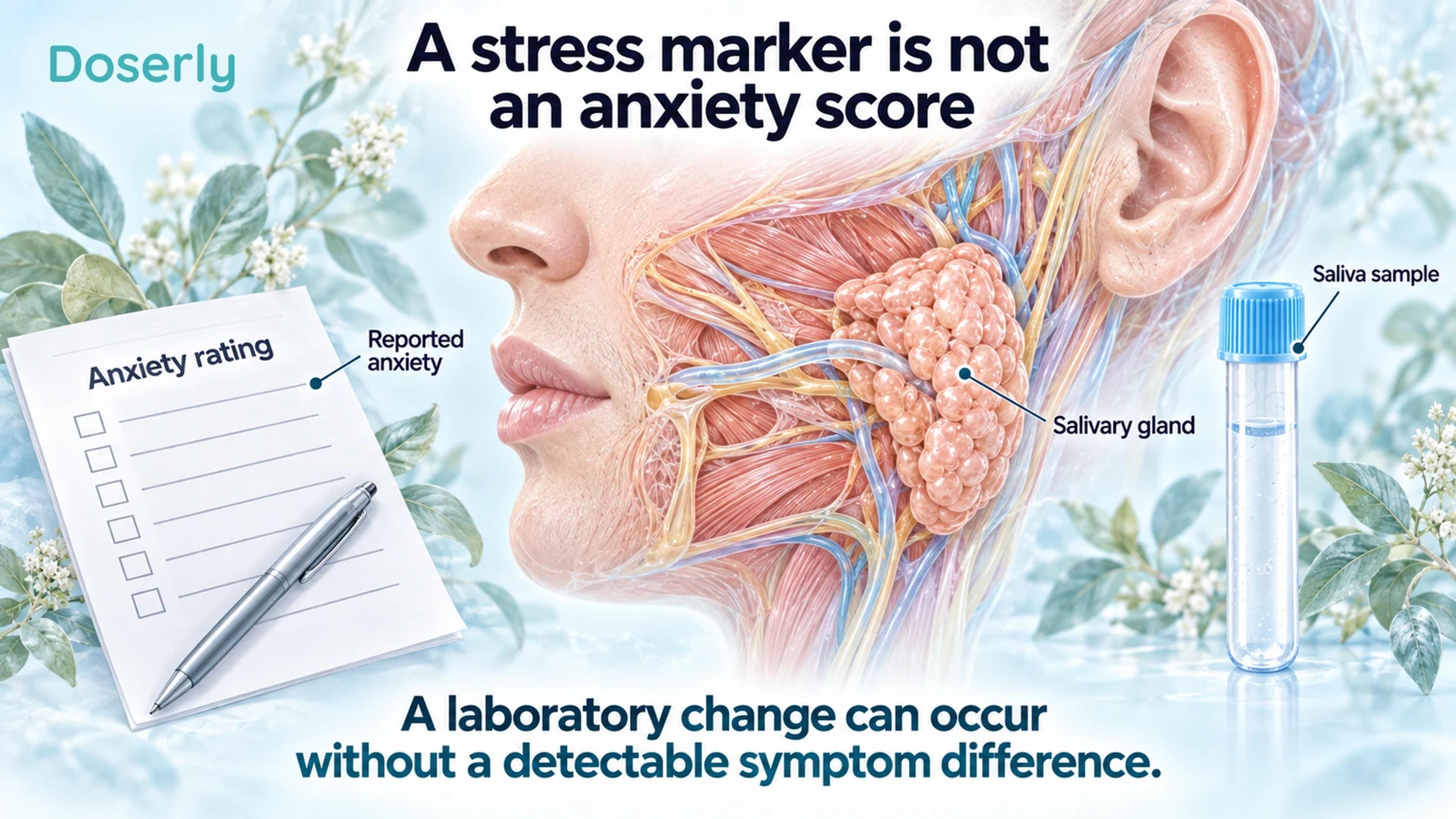An illustrated salivary gland, saliva tube and anxiety questionnaire distinguish a laboratory marker from reported symptoms.
