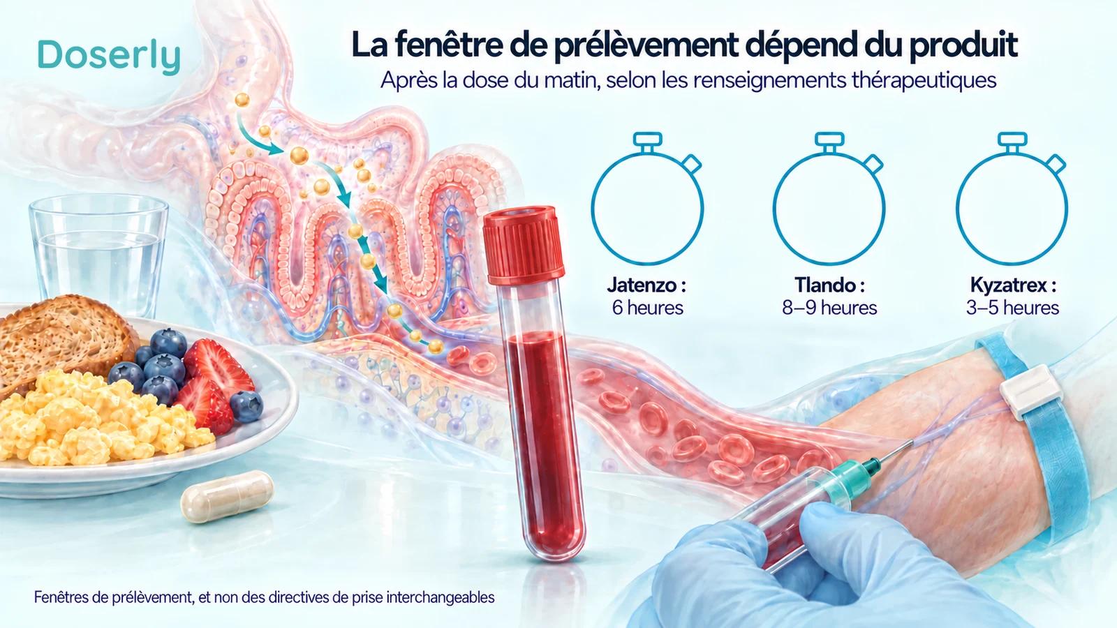 Des aliments, l’absorption intestinale et un prélèvement sanguin illustrent les fenêtres de prélèvement distinctes de trois produits oraux.