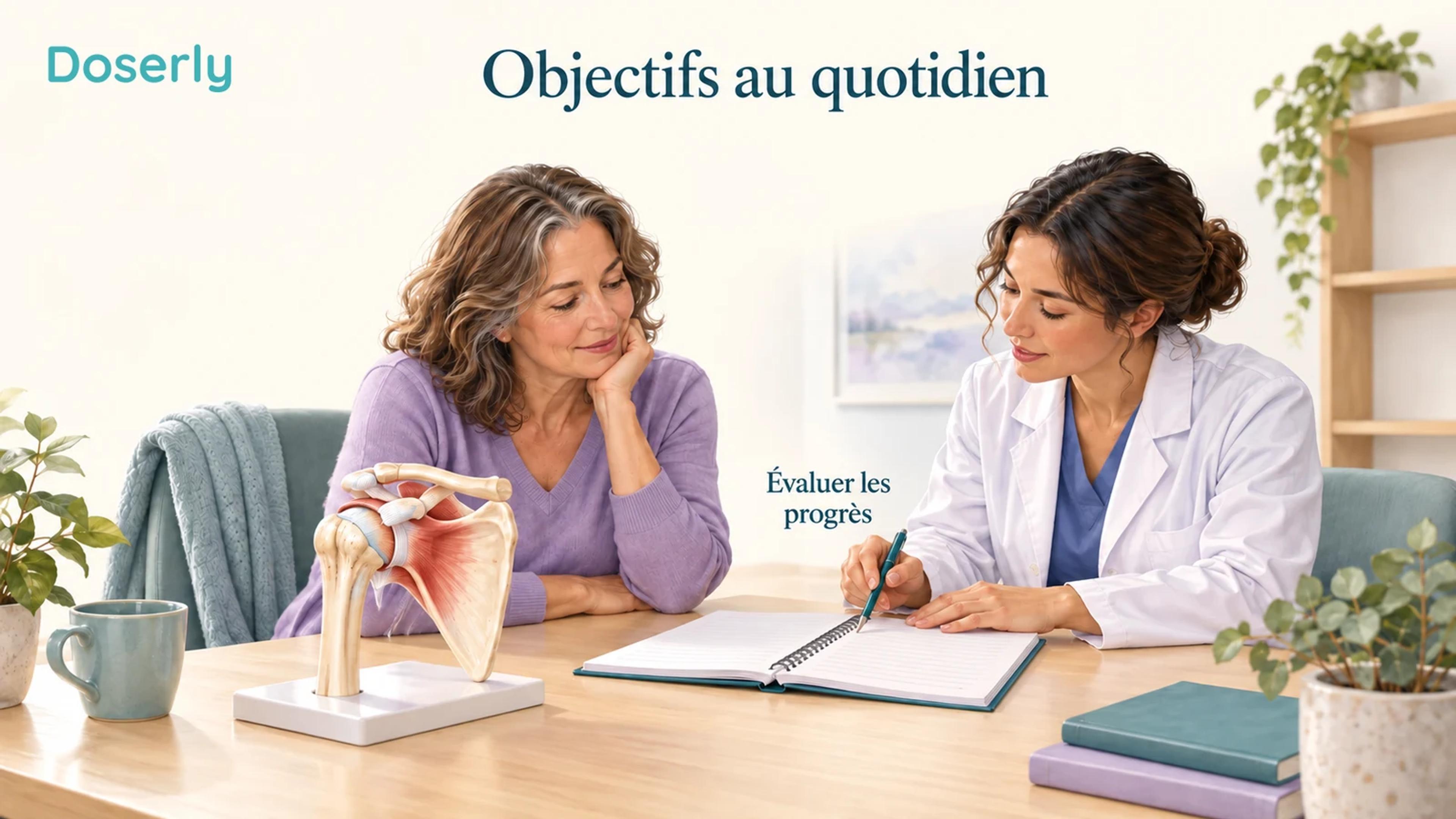 Un patient et un clinicien examinent un carnet vierge à côté d’un modèle pédagogique de l’épaule, d’un cardigan et d’une tablette.