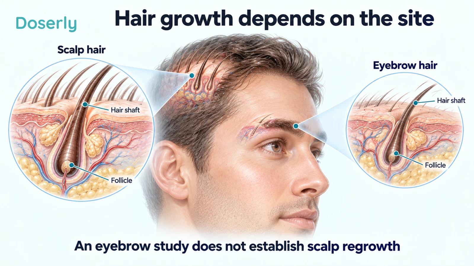 A head with separate magnified scalp and eyebrow hair follicles, showing the different sites involved in hair research.