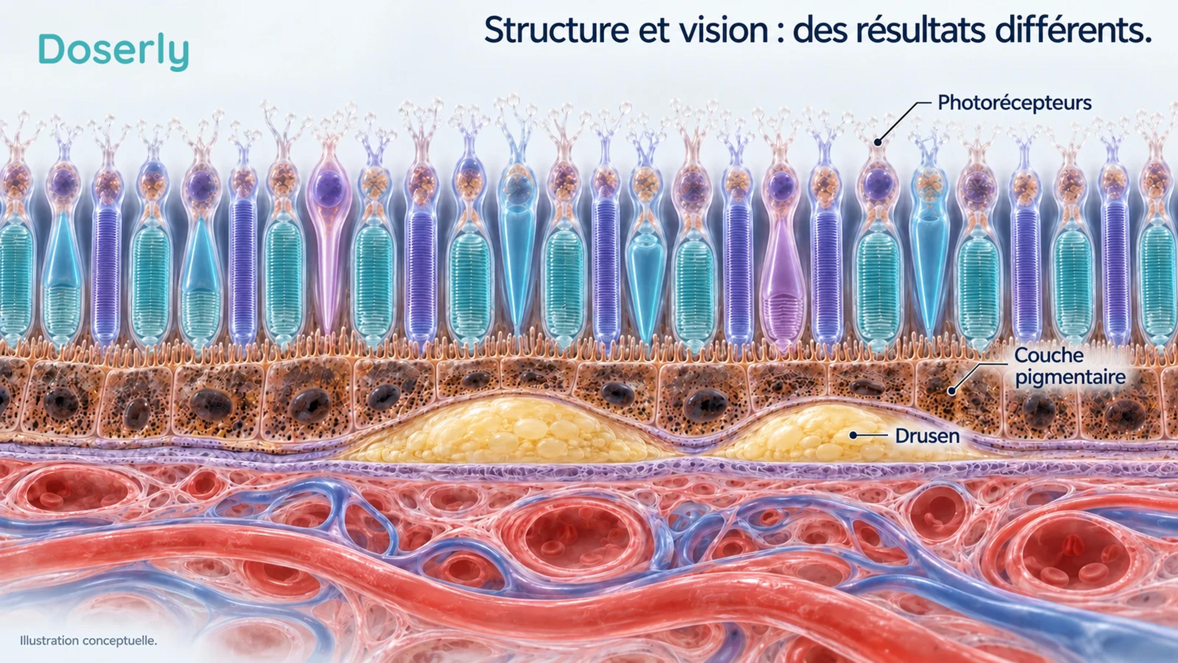Une coupe agrandie du tissu rétinien montre les photorécepteurs au-dessus d’une couche pigmentaire, avec des dépôts de drusen en dessous.