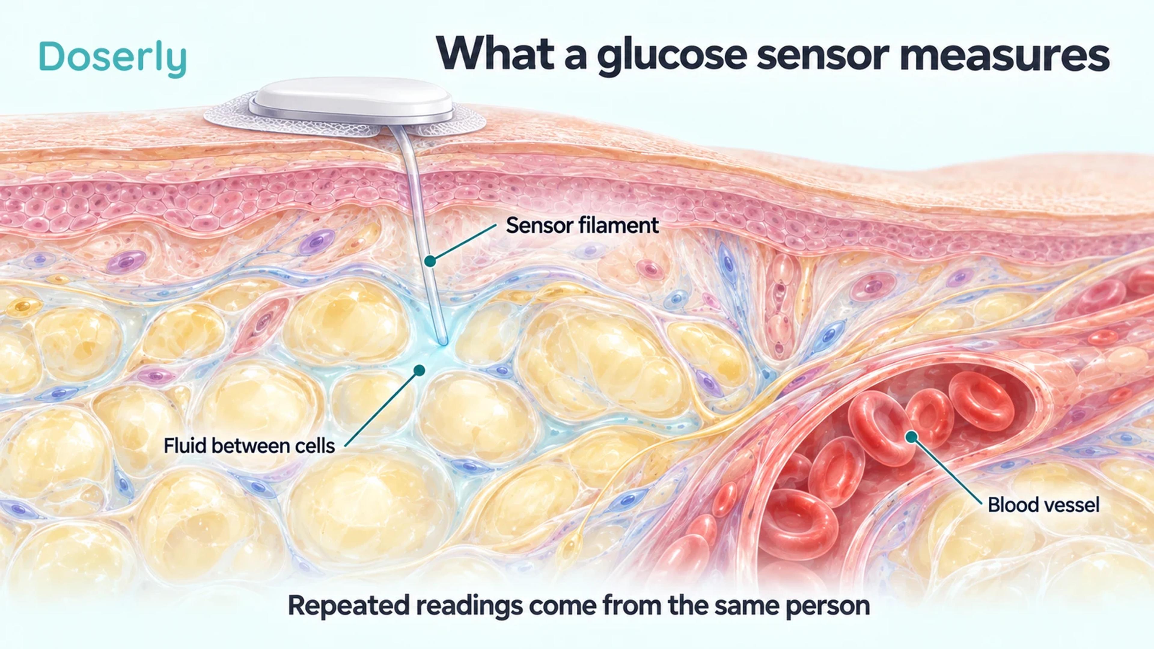 Skin cross-section showing a glucose-sensor filament in fluid between cells and a separate blood vessel