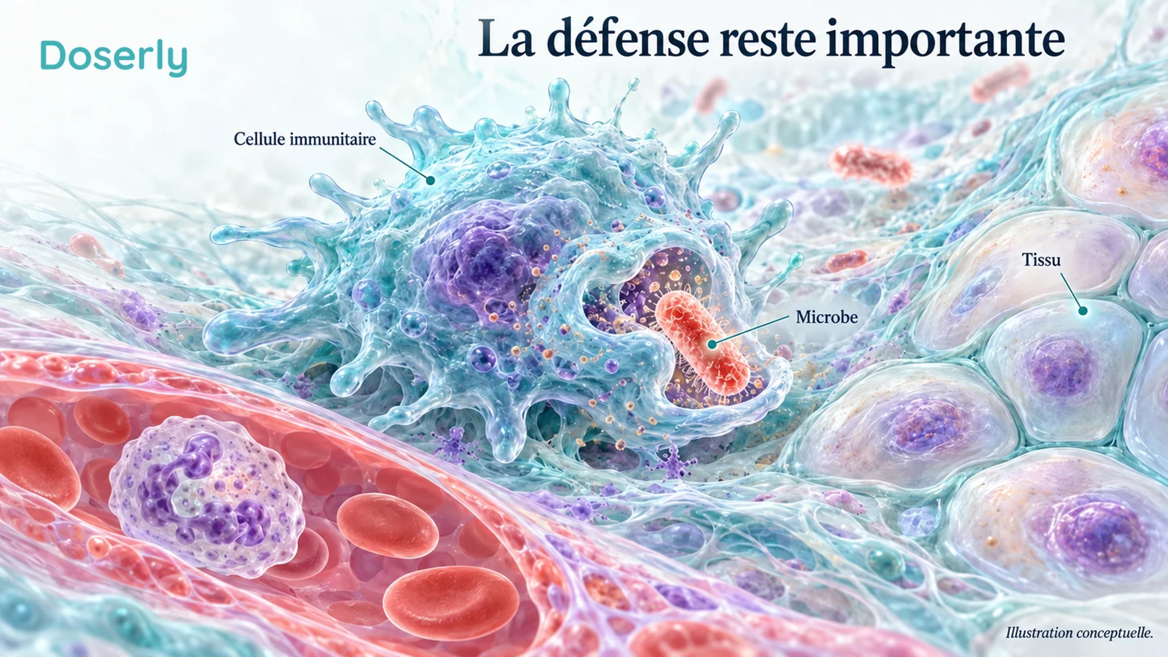 Une cellule immunitaire rencontrant des microbes illustre le rôle protecteur des réponses immunitaires.