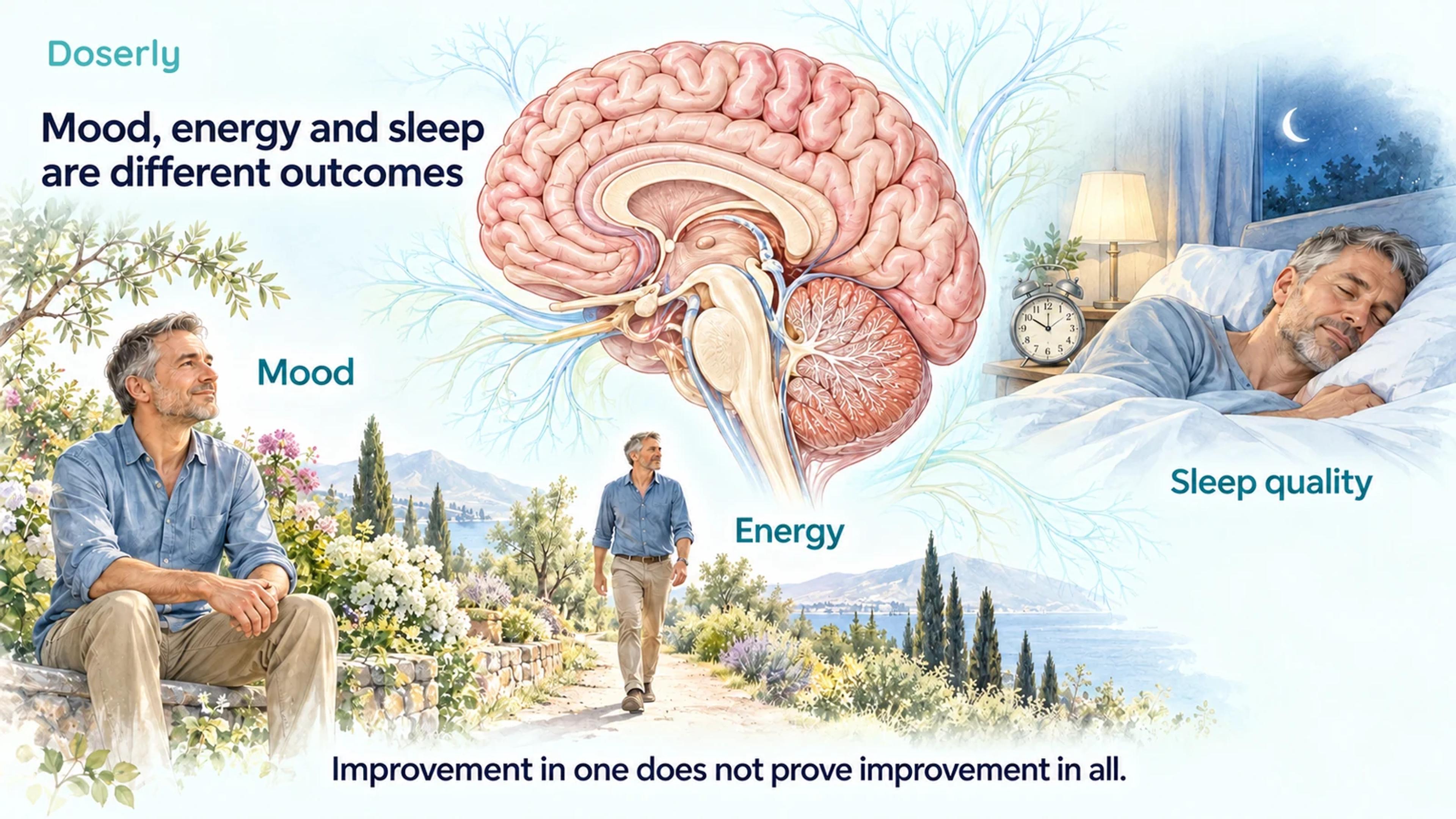 An anatomical brain and illustrated everyday scenes distinguish mood, energy, and sleep quality as separate outcomes.