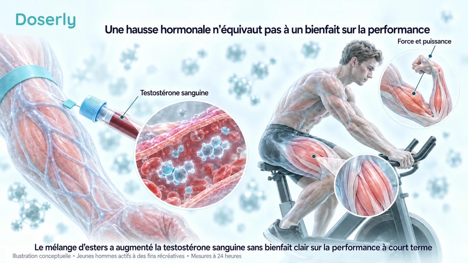 Mesure sanguine à côté d’un cycliste sur vélo stationnaire et d’un muscle du bras agrandi, pour distinguer la concentration hormonale de la performance à court terme.