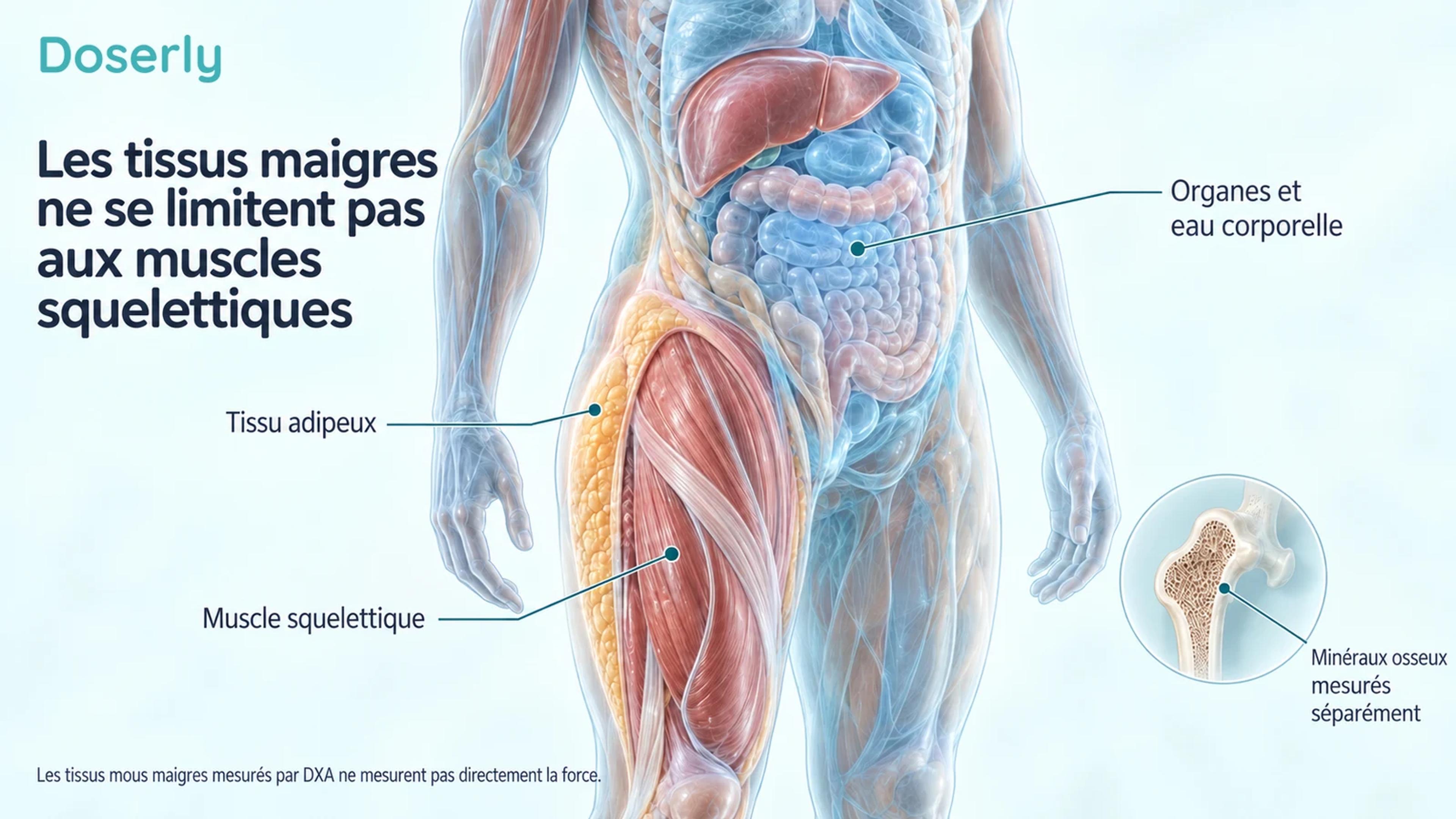 Un torse et une cuisse translucides distinguent le gras, les muscles squelettiques, les organes et l’eau corporelle, avec les minéraux osseux représentés séparément.