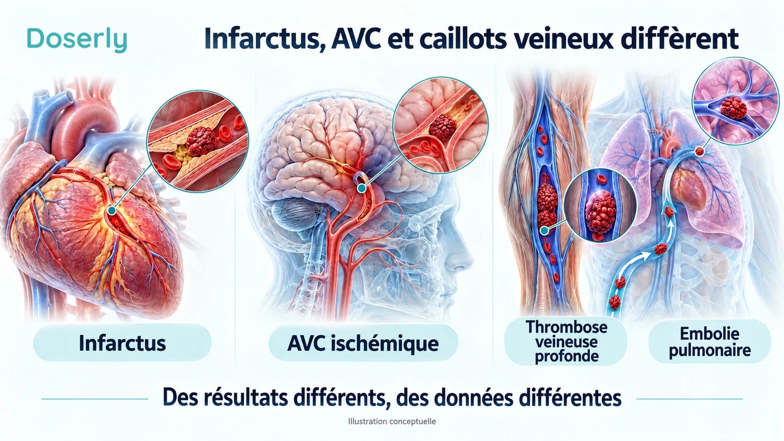 Le cœur, le cerveau, les veines profondes de la jambe et les poumons distinguent l’infarctus, l’AVC ischémique, la thrombose veineuse profonde et l’embolie pulmonaire.